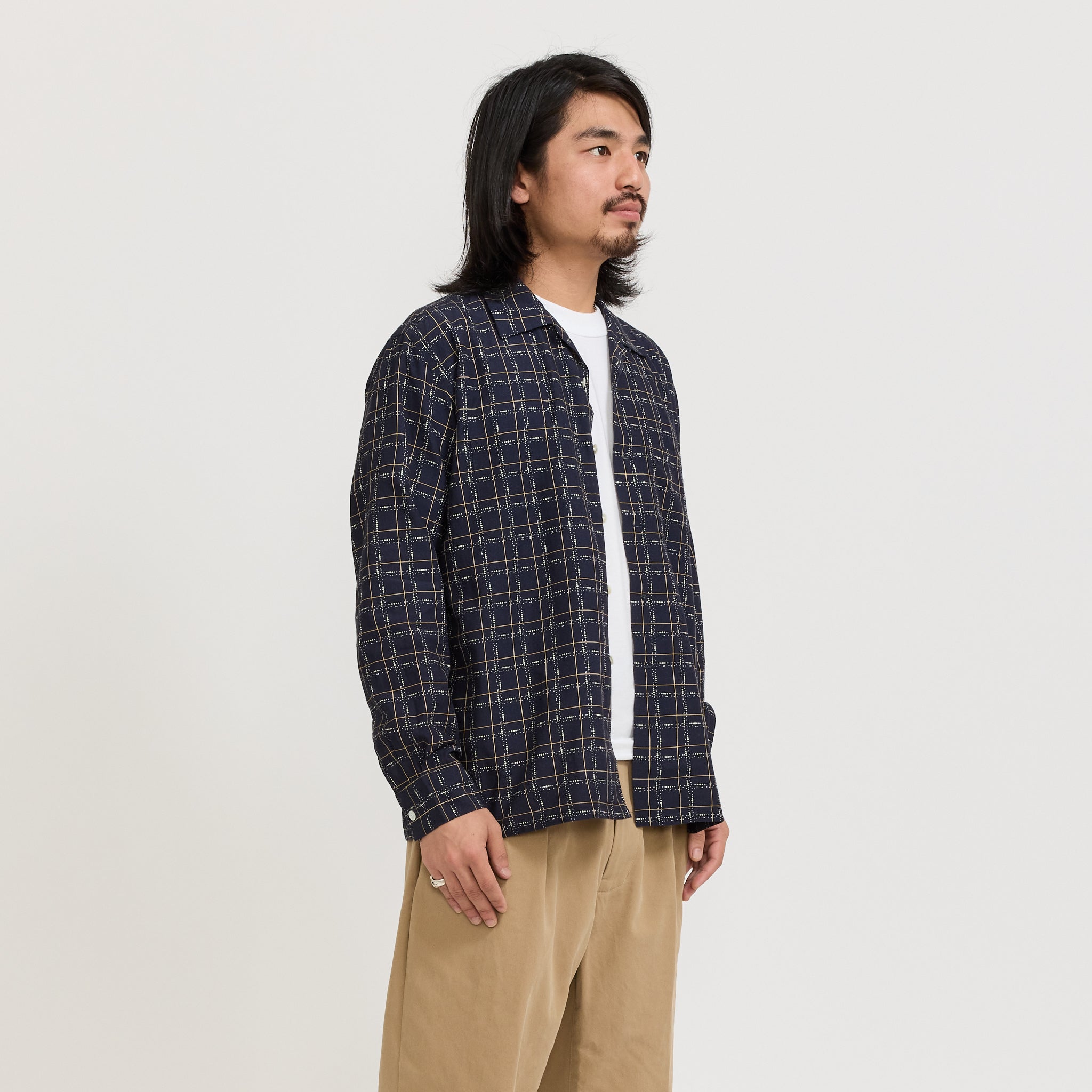 Beams Plus | Open Collar Rayon Shirt Navy | Maplestore