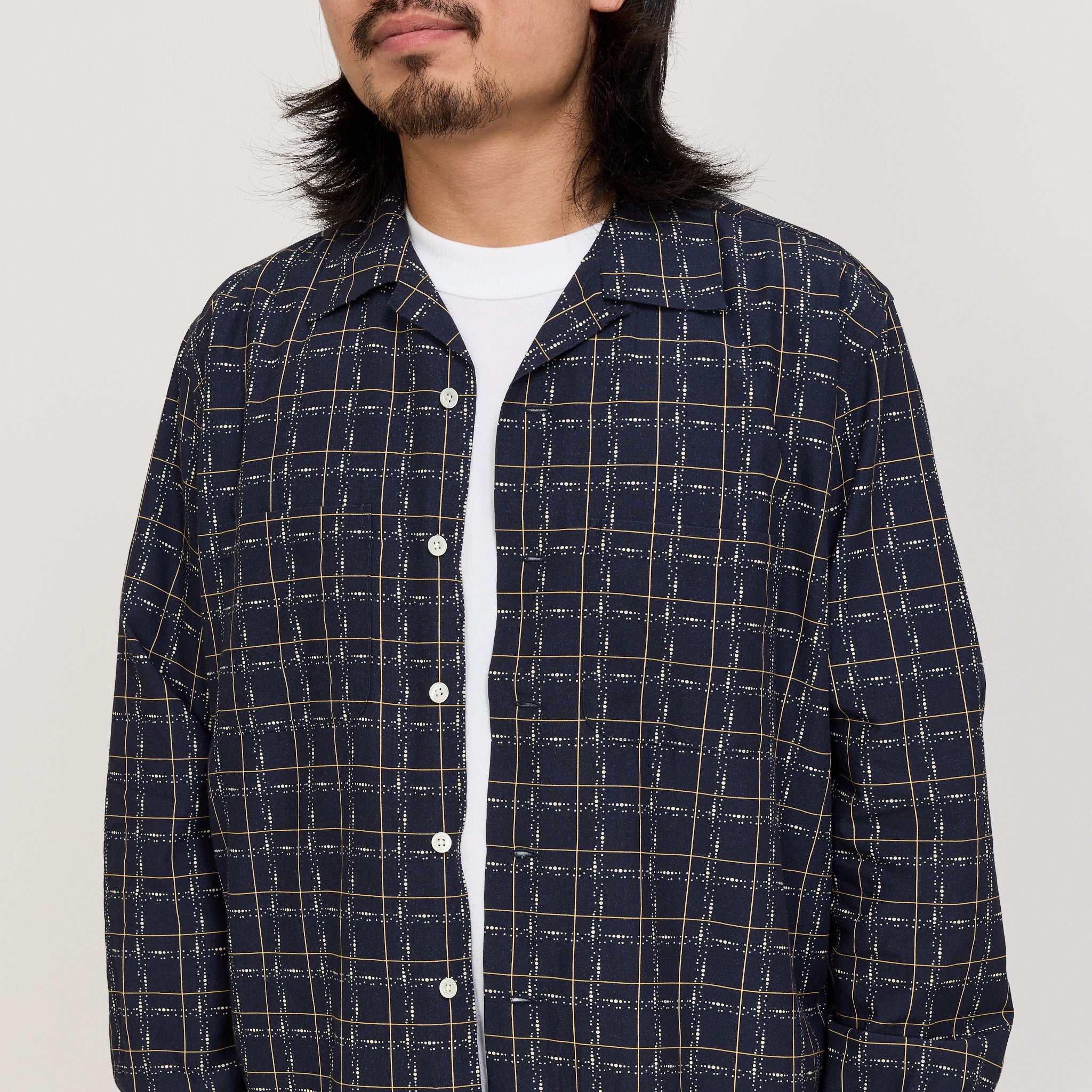 Beams Plus | Open Collar Rayon Shirt Navy | Maplestore