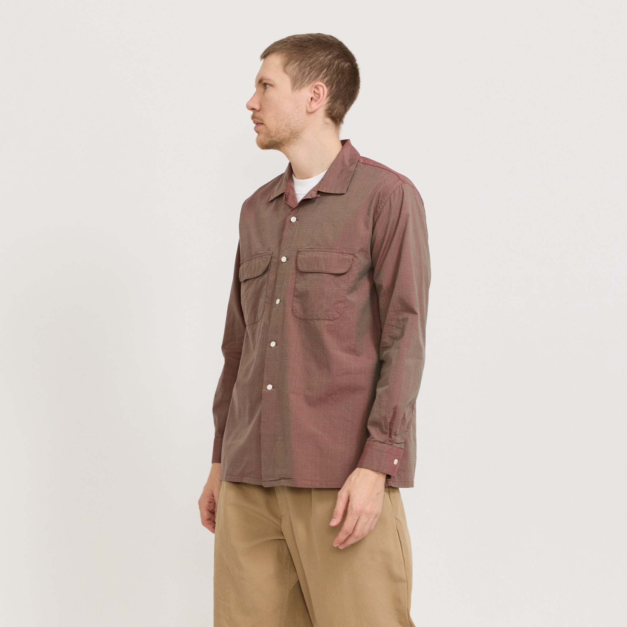 Beams Plus | Open Collar Slab Chambray Shirt Red | Maplestore