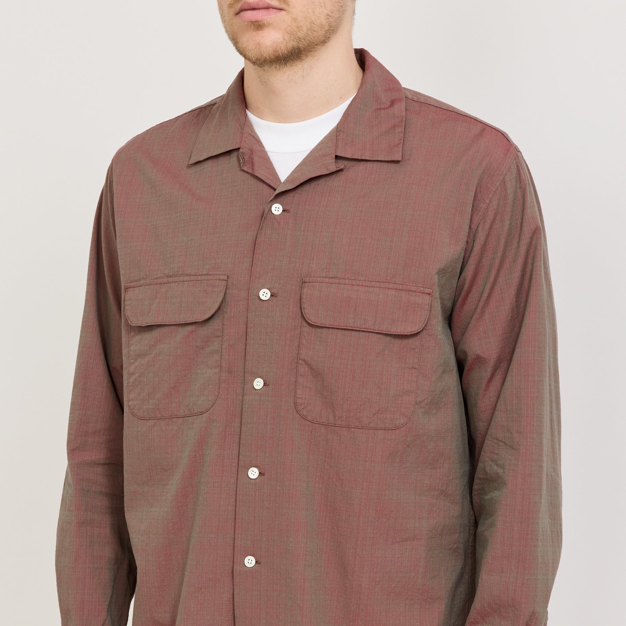 Beams Plus | Open Collar Slab Chambray Shirt Red | Maplestore