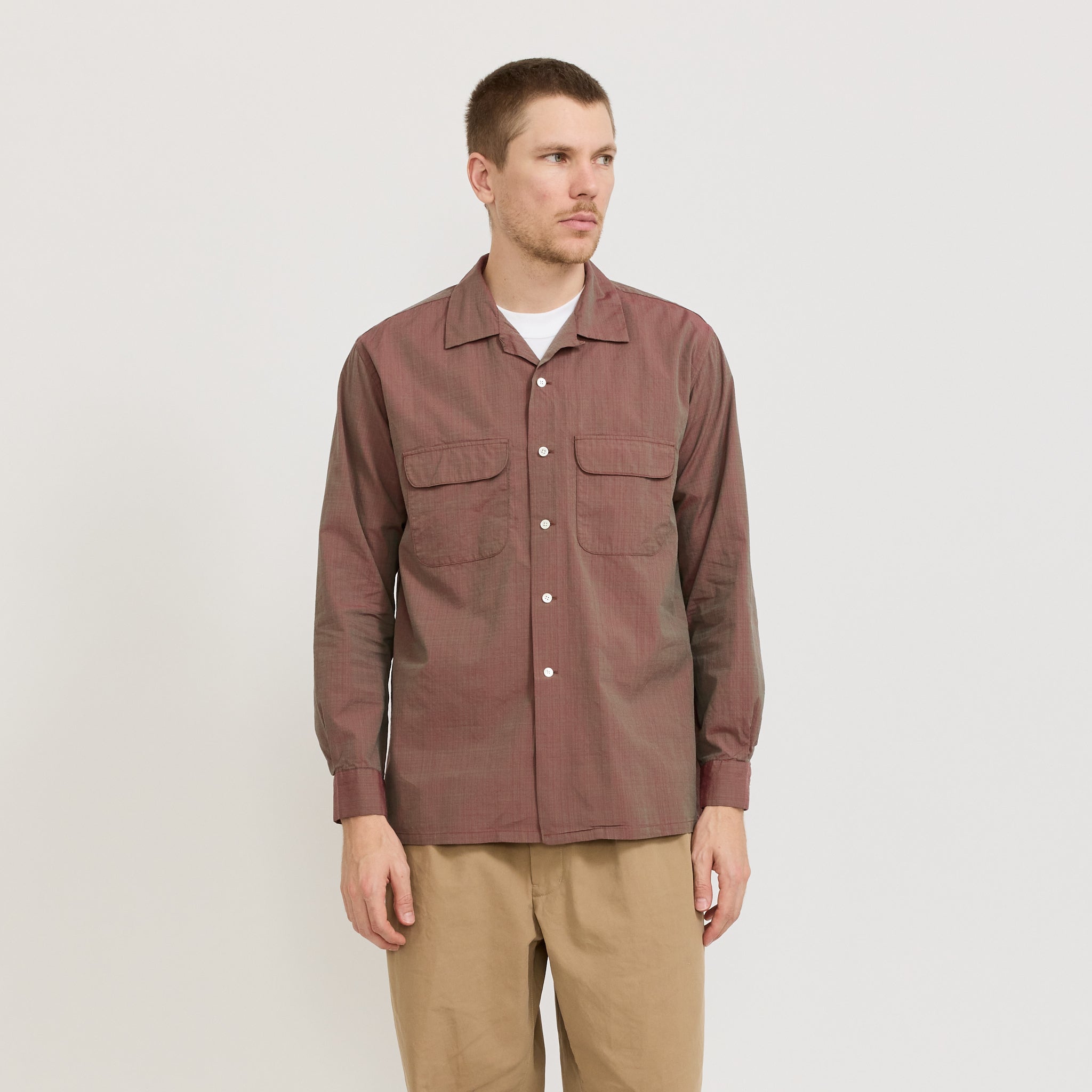 Beams Plus | Open Collar Slab Chambray Shirt Red | Maplestore