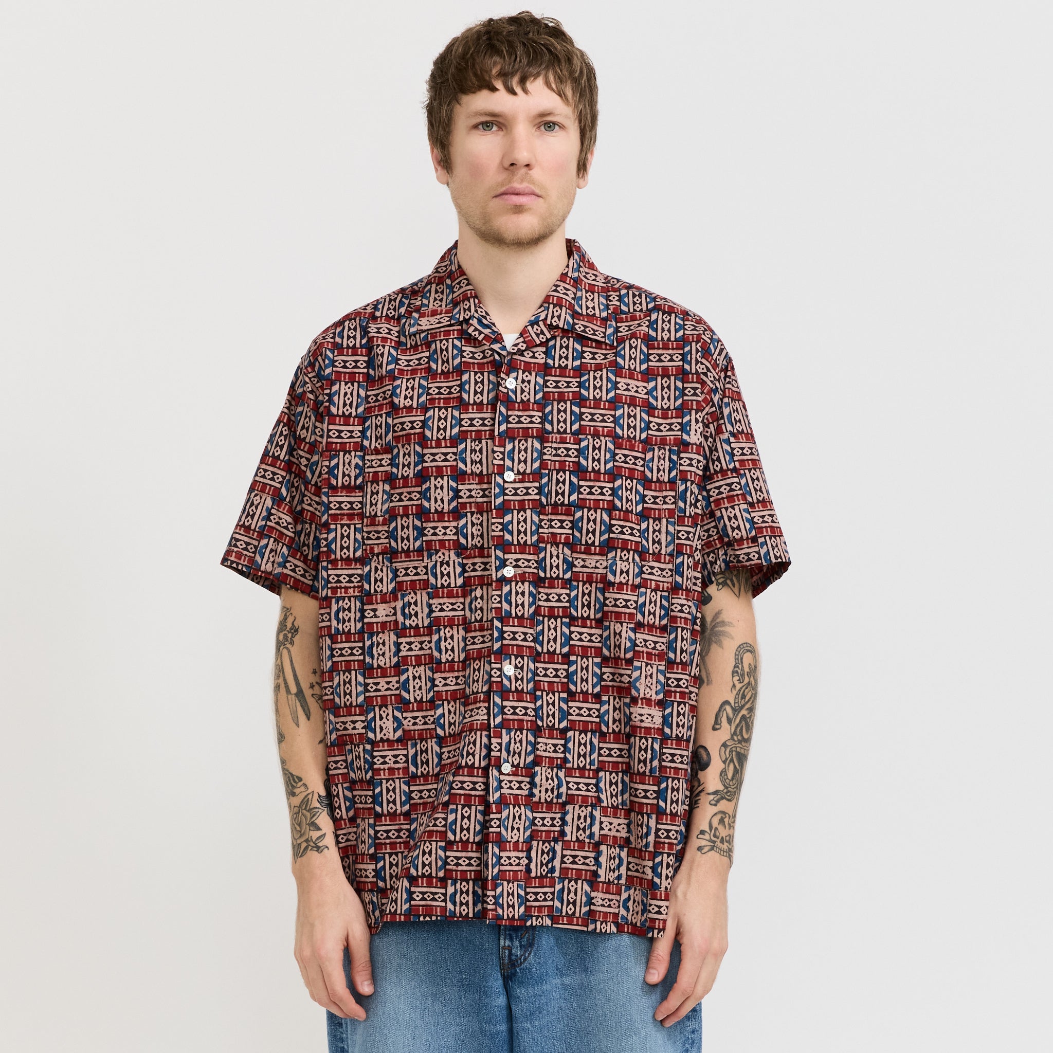 Open Collar Block Print Red