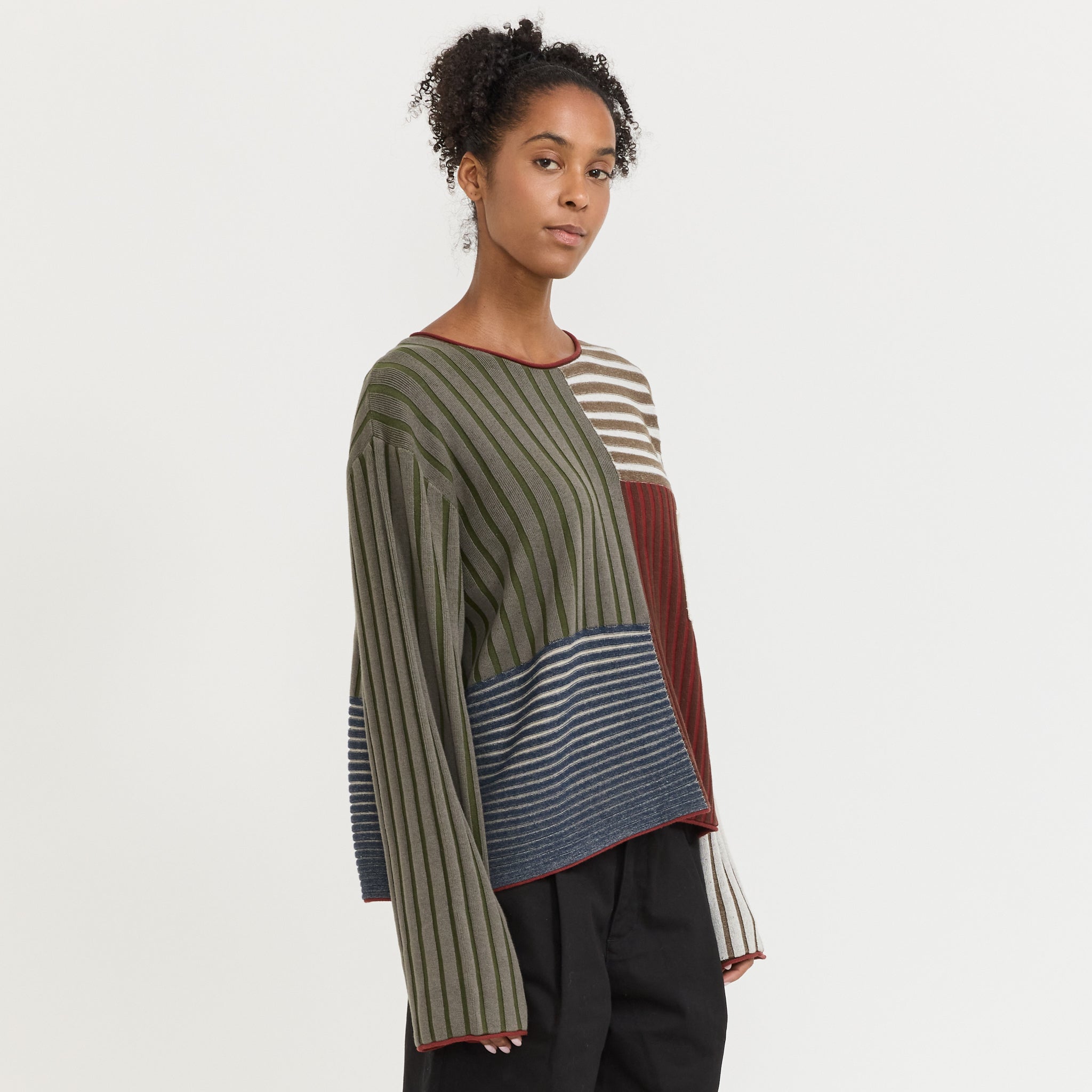 Mixed Stripe Boxy Knit Sweater Green Multi Women's