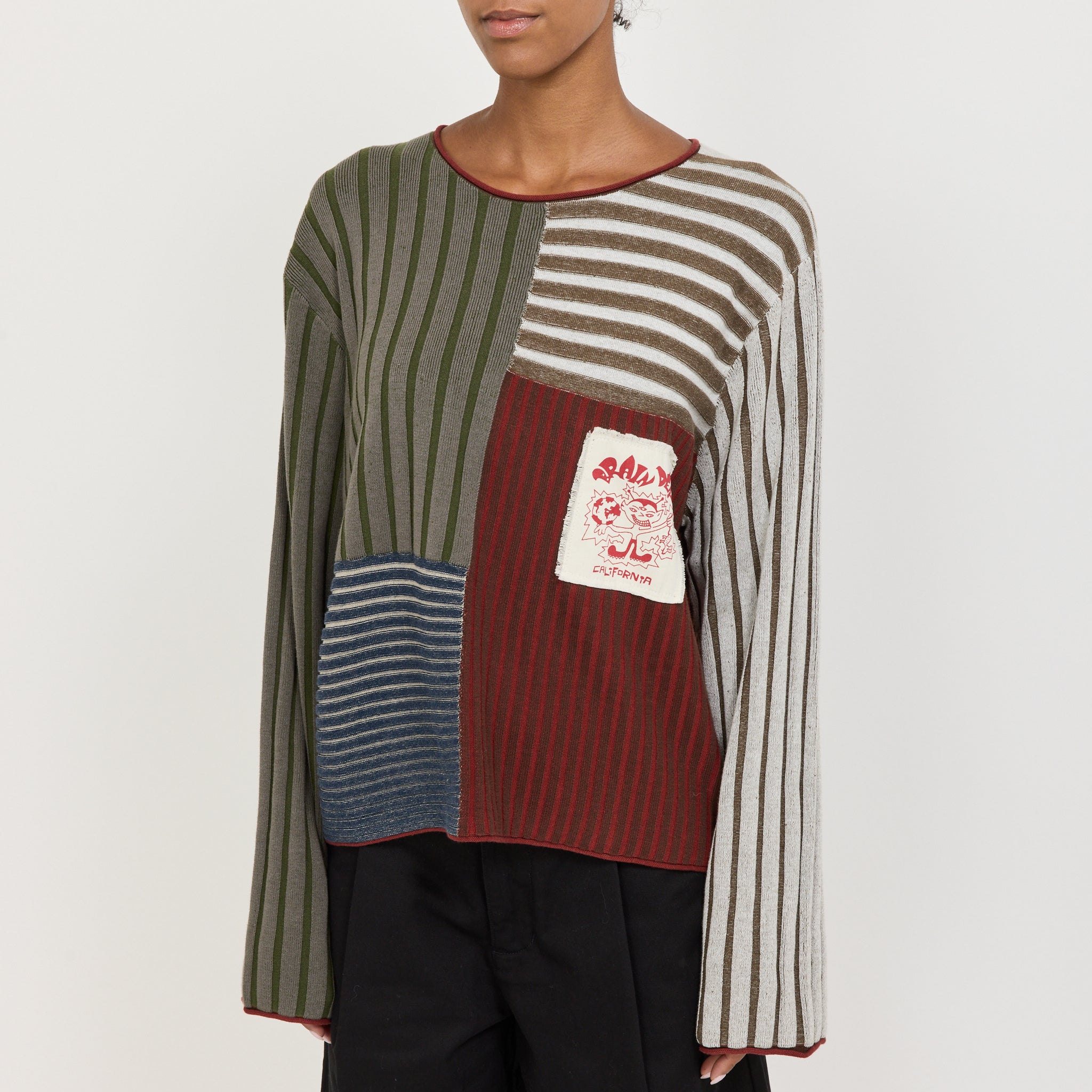 Mixed Stripe Boxy Knit Sweater Green Multi Women's