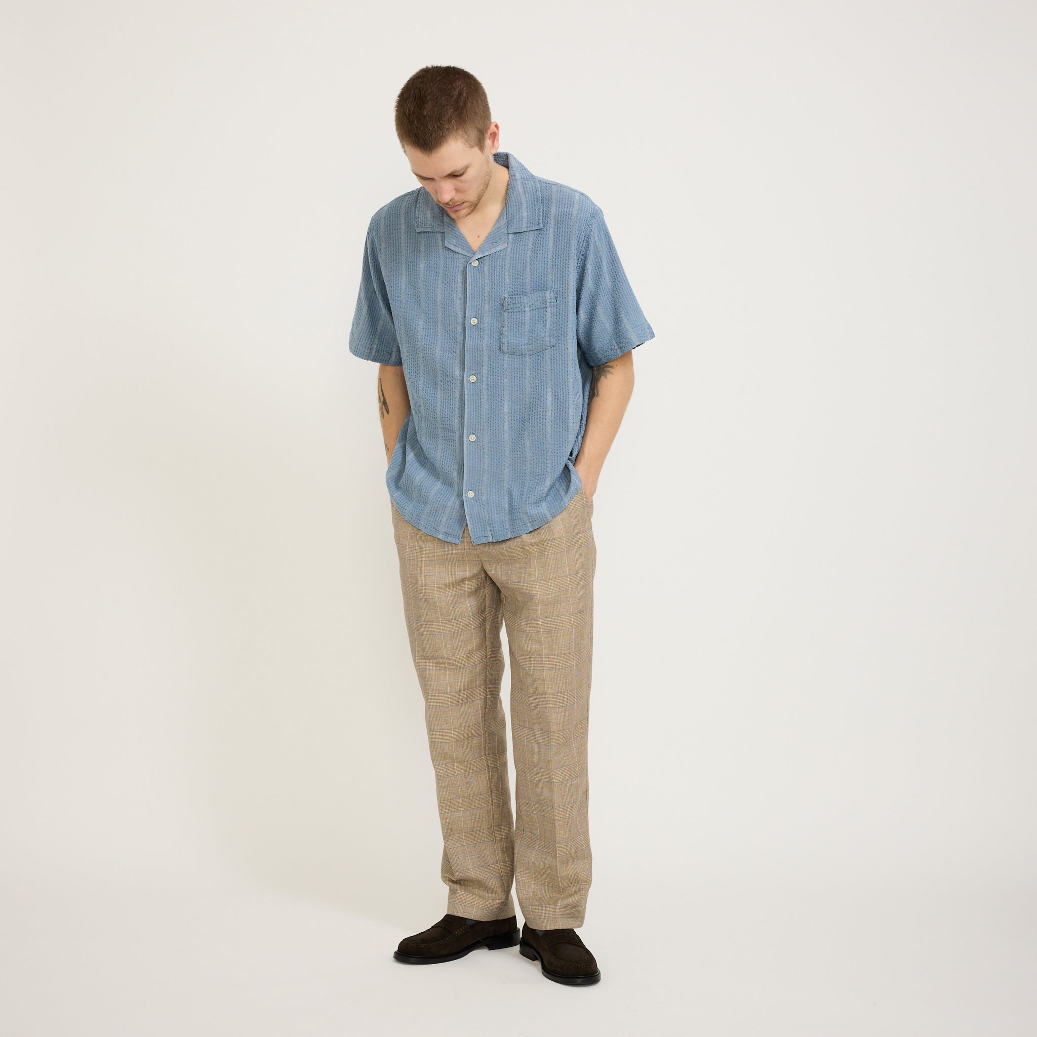 Corridor NYC | Plaid Linen Pleated Trouser Natural | Maplestore