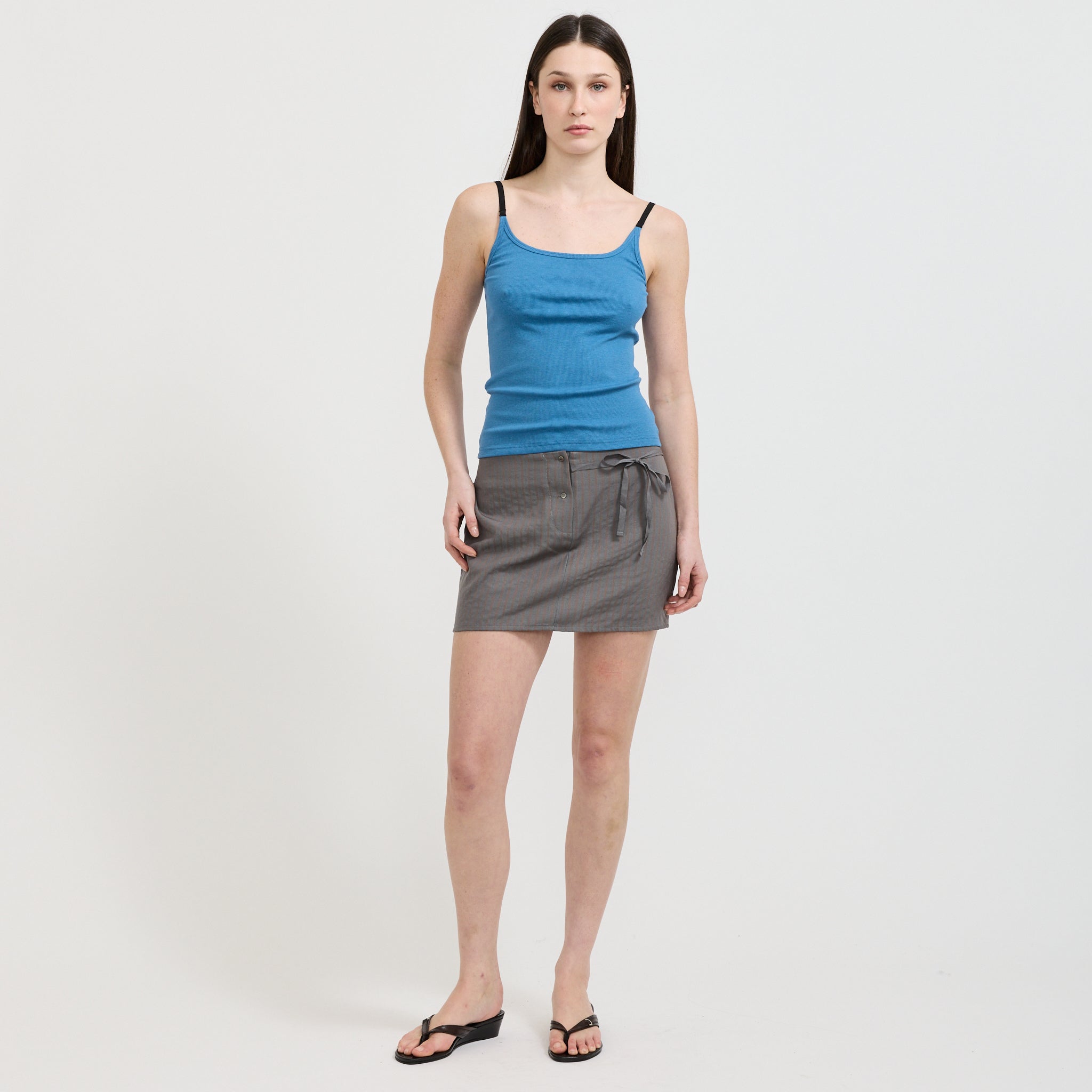 Wool Tie Mini Skirt Grey Stripe