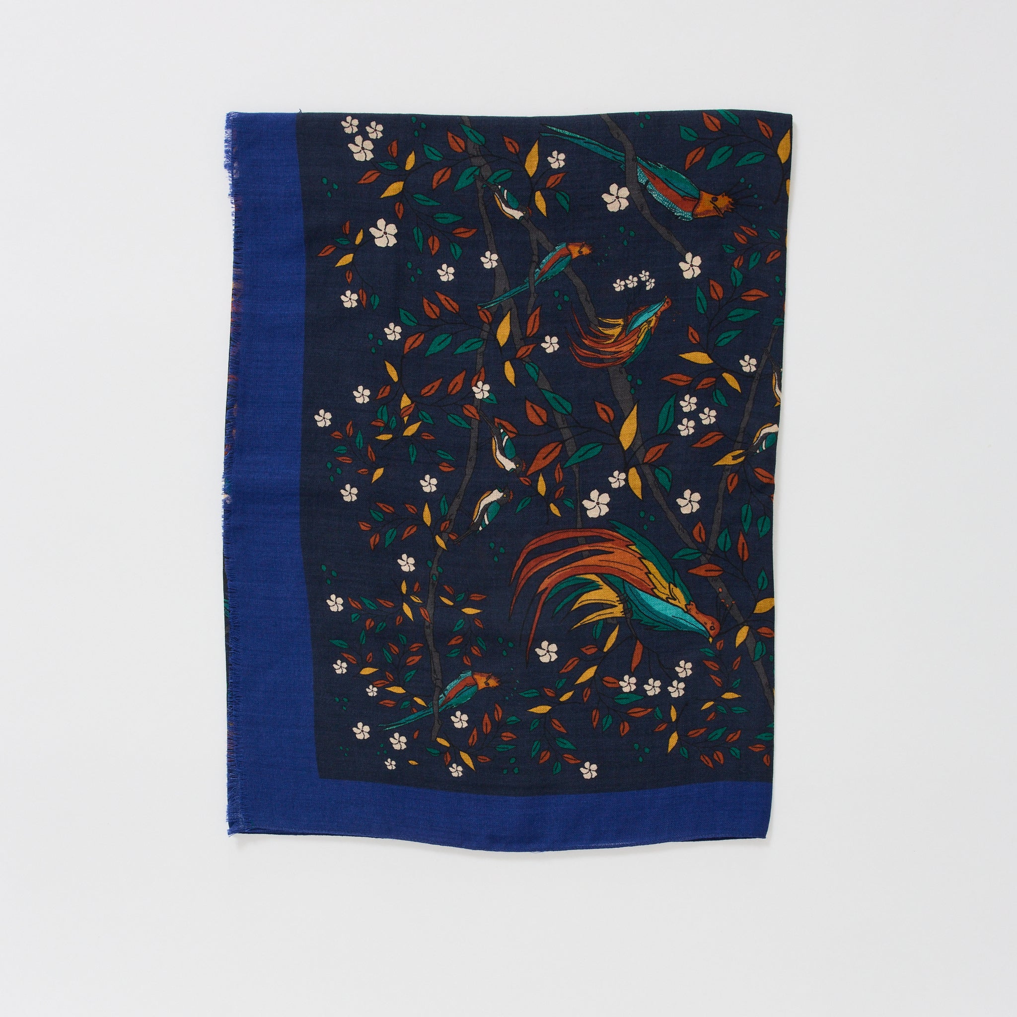 Birds of Paradise Print Wool Scarf Navy