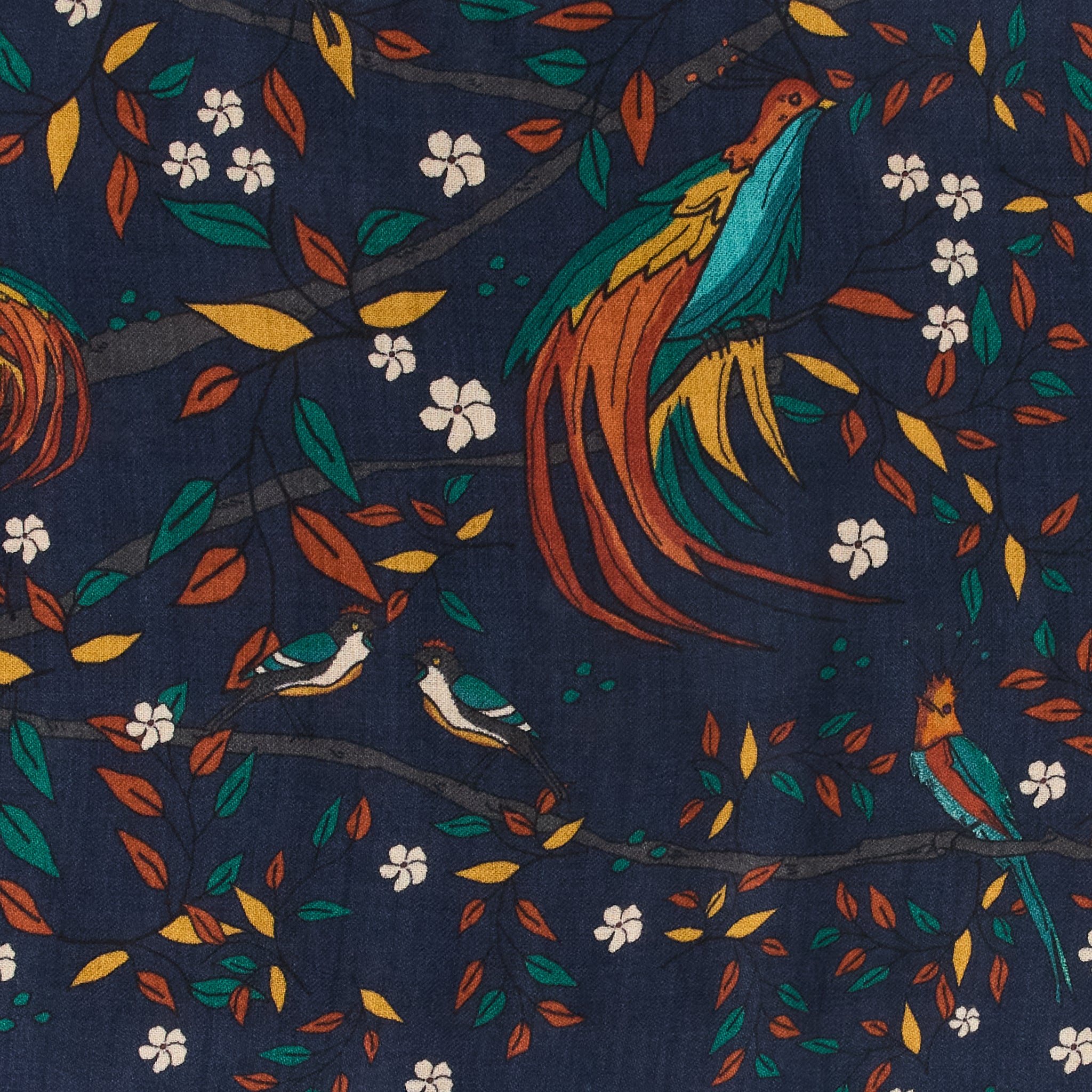 Birds of Paradise Print Wool Scarf Navy