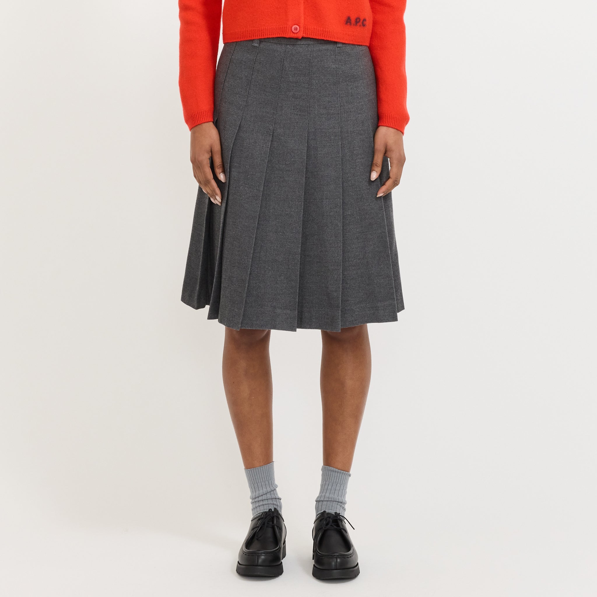 Flannel Pleats Midi Skirt Melange Grey