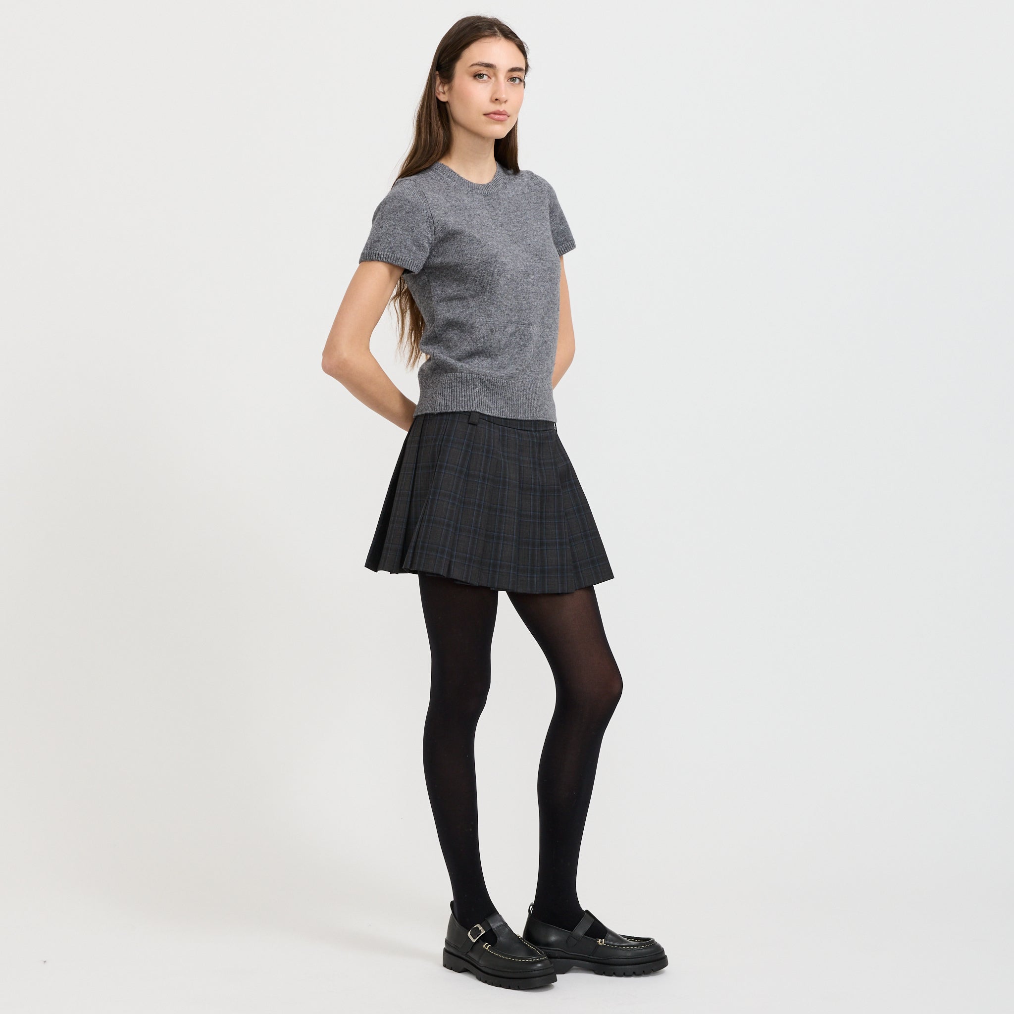 Pleats Mini Checked Skirt Charcoal/Blue Check
