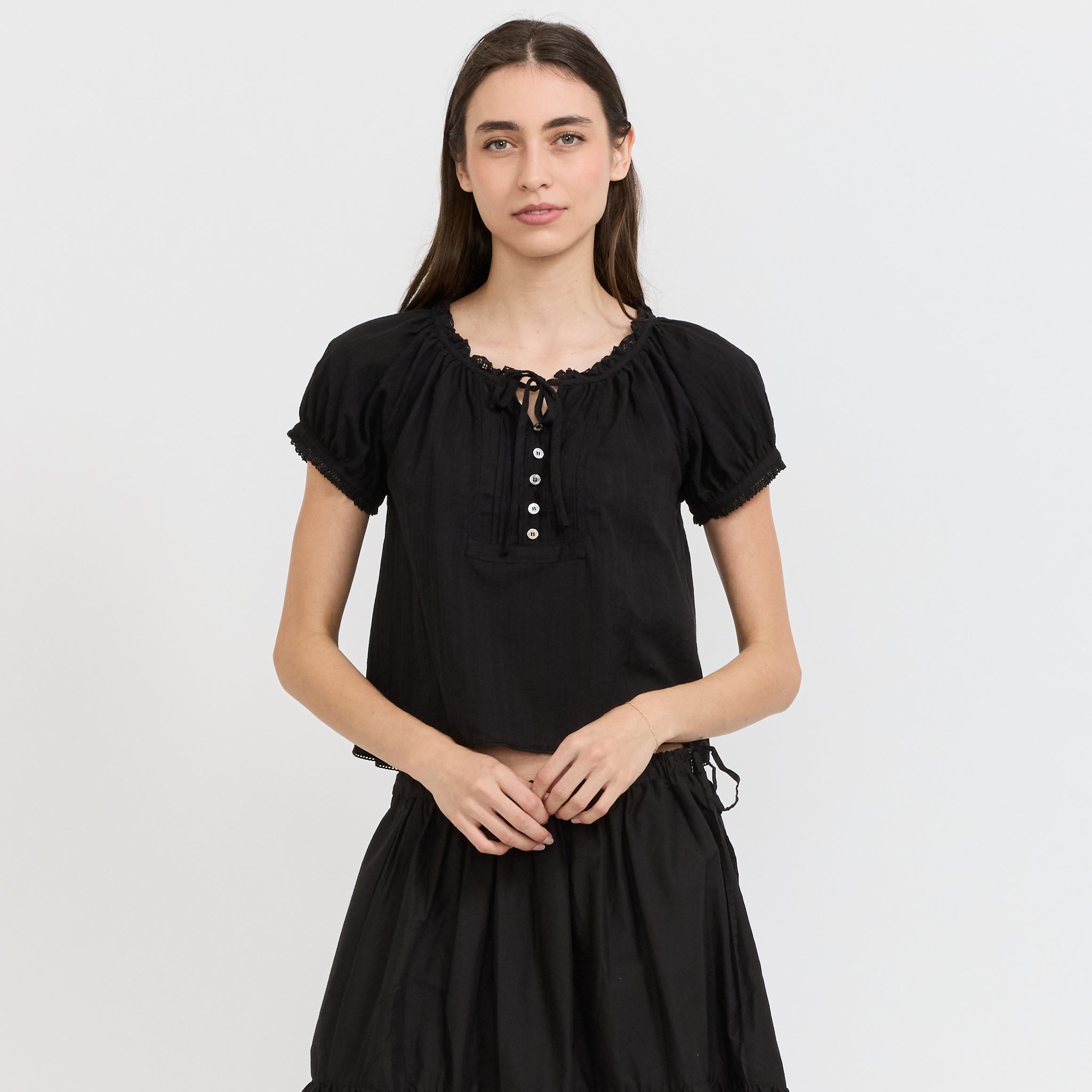 Ribboned Shirring Blouse Black