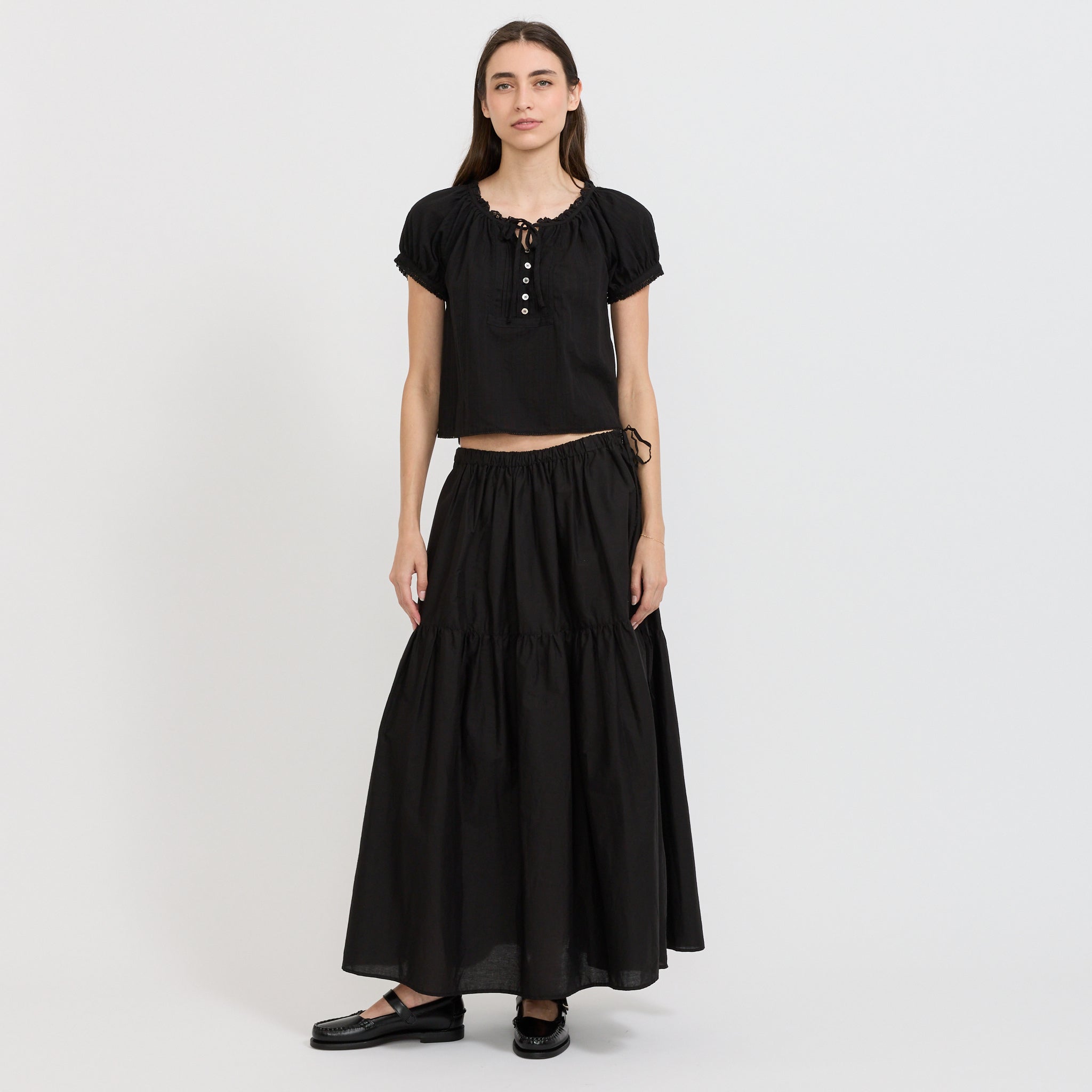 Ribboned Shirring Blouse Black