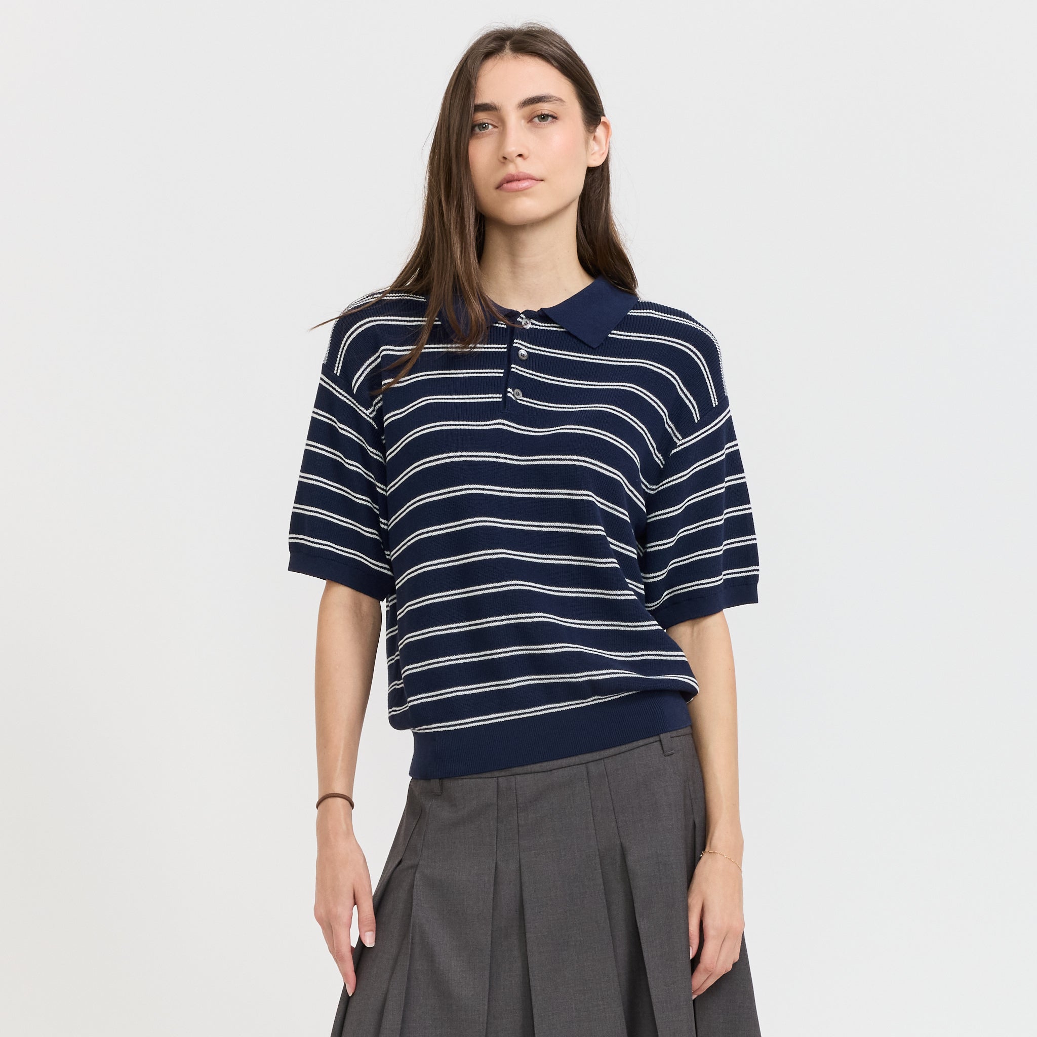 Dunst | Unisex Striped Polo Knit Navy | Maplestore