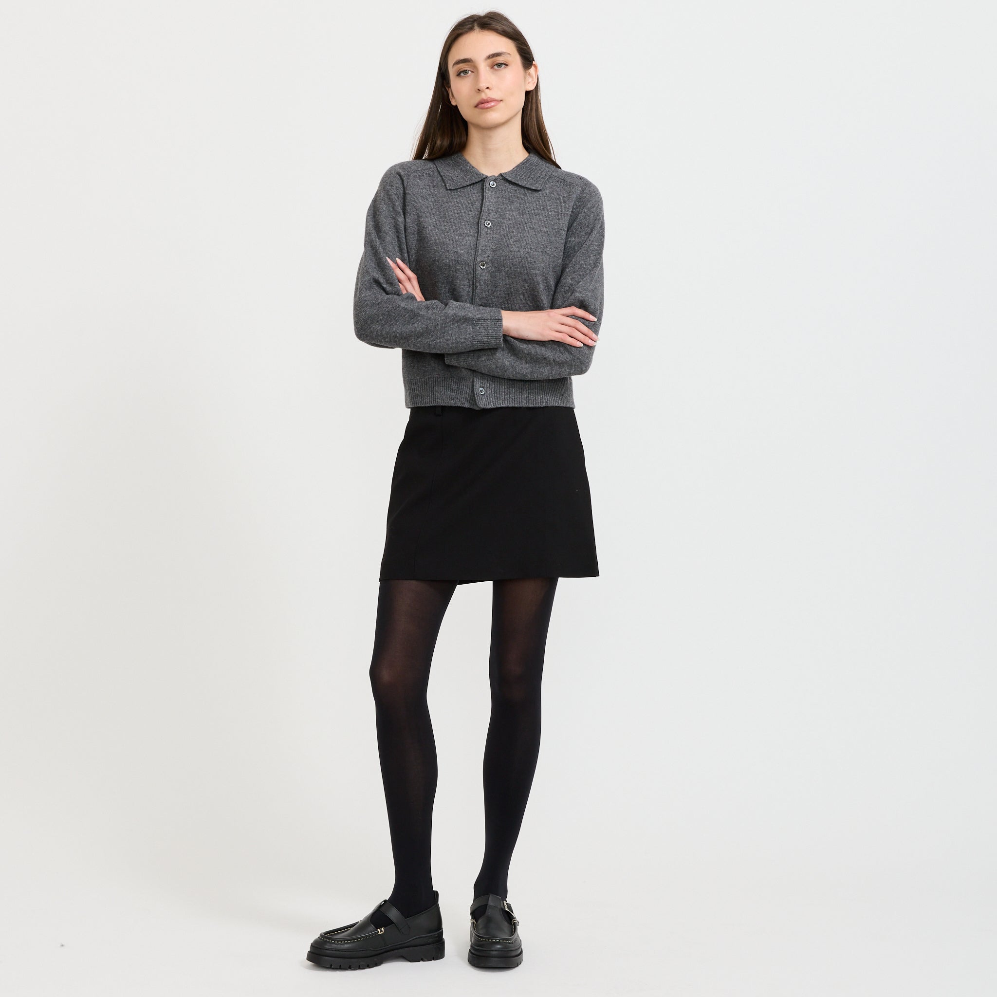 Unisex Collared Knit Cardigan Melange Grey