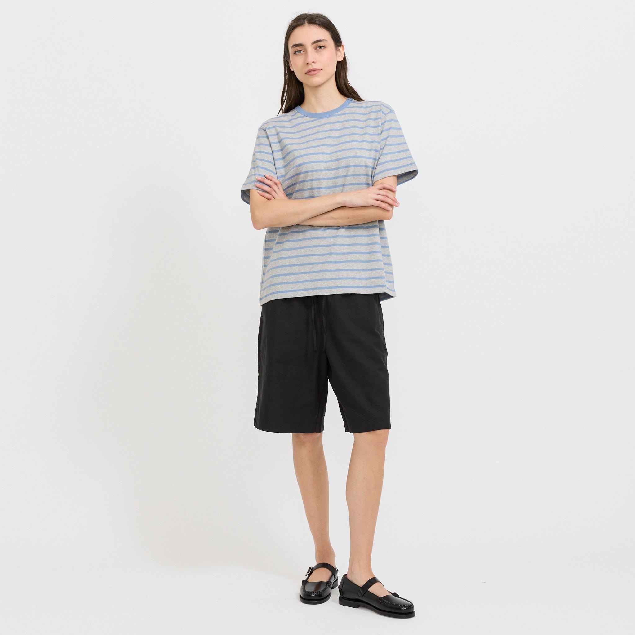 Unisex Striped Tee Melange Grey/Soft Blue