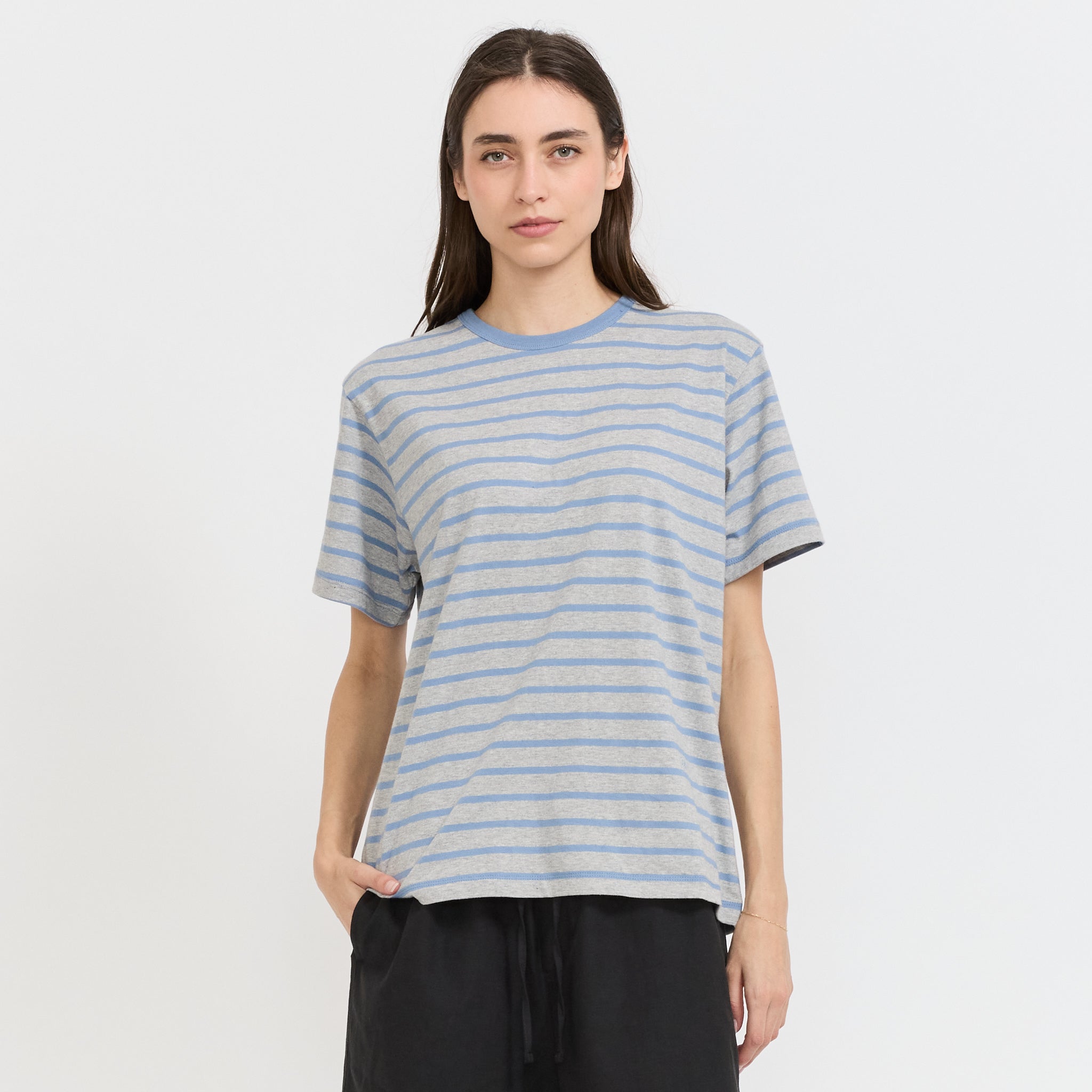 Unisex Striped Tee Melange Grey/Soft Blue