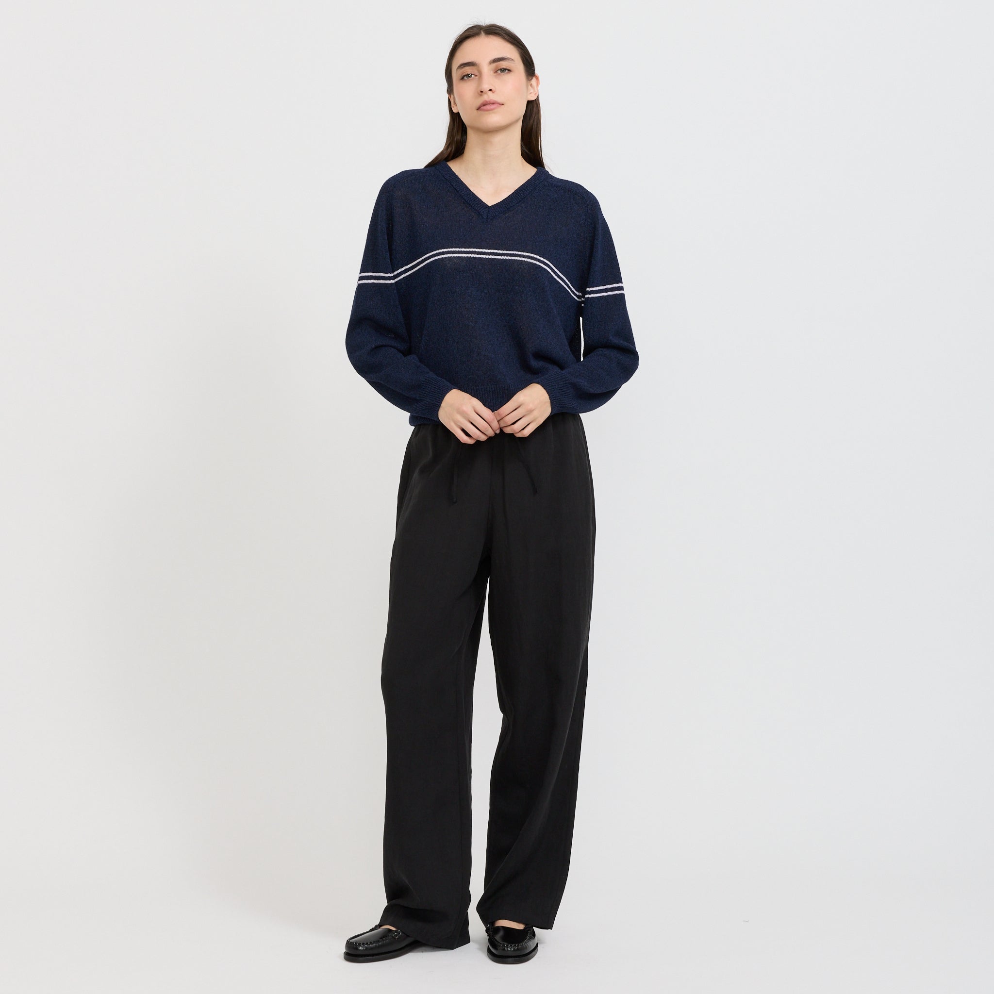 Unisex V-Neck Striped Sweater Navy Stripe