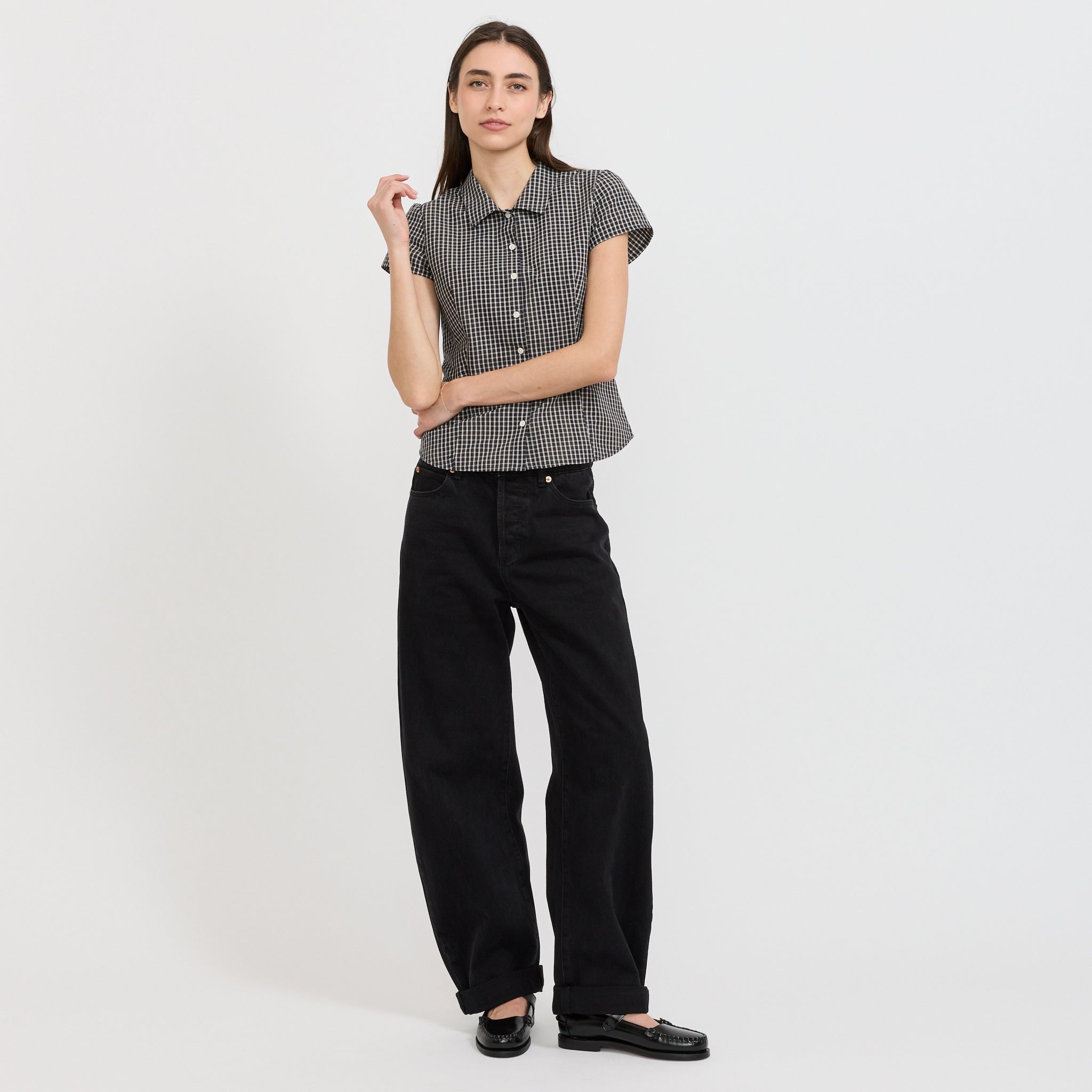 Cap Sleeve Slim Shirt Black Check