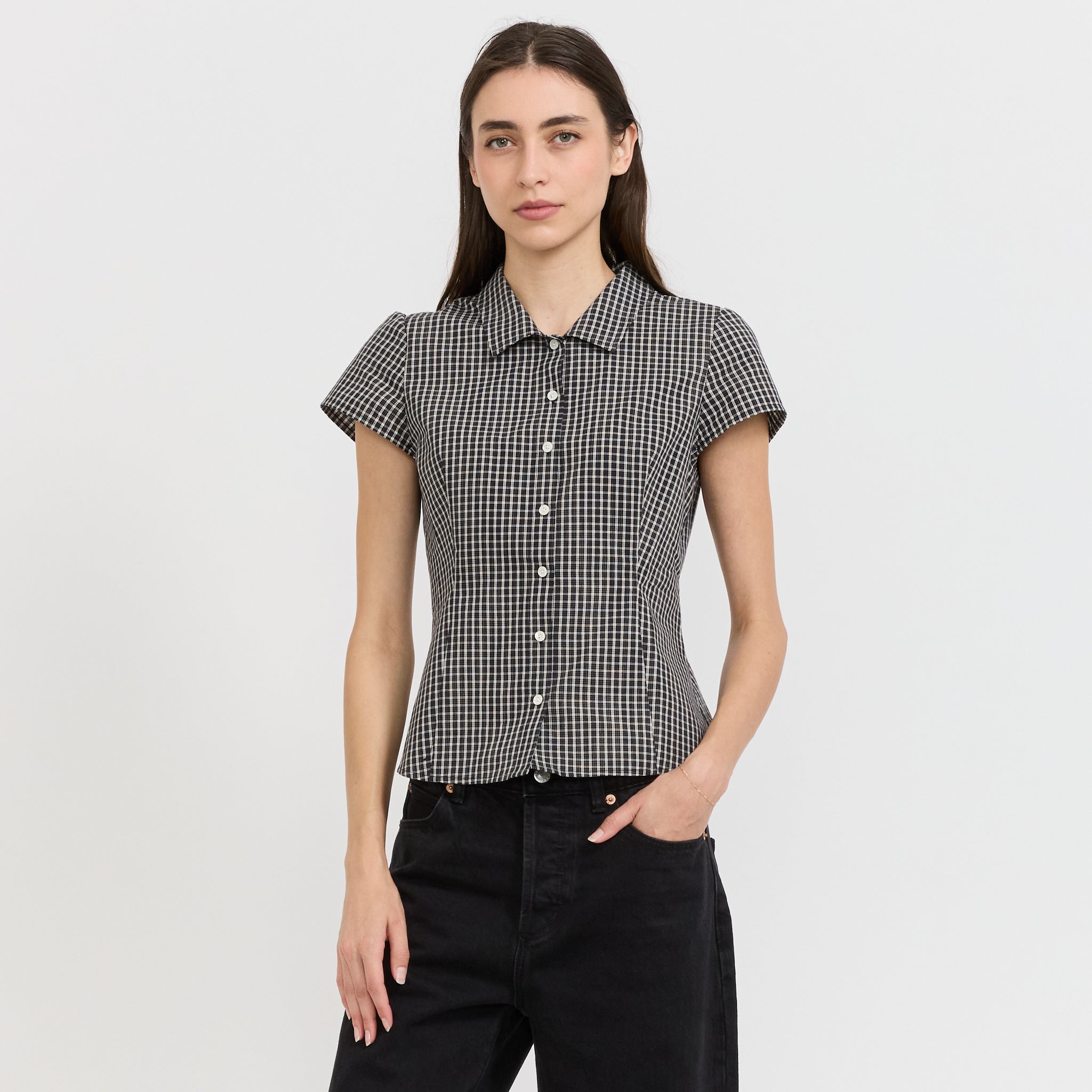 Cap Sleeve Slim Shirt Black Check
