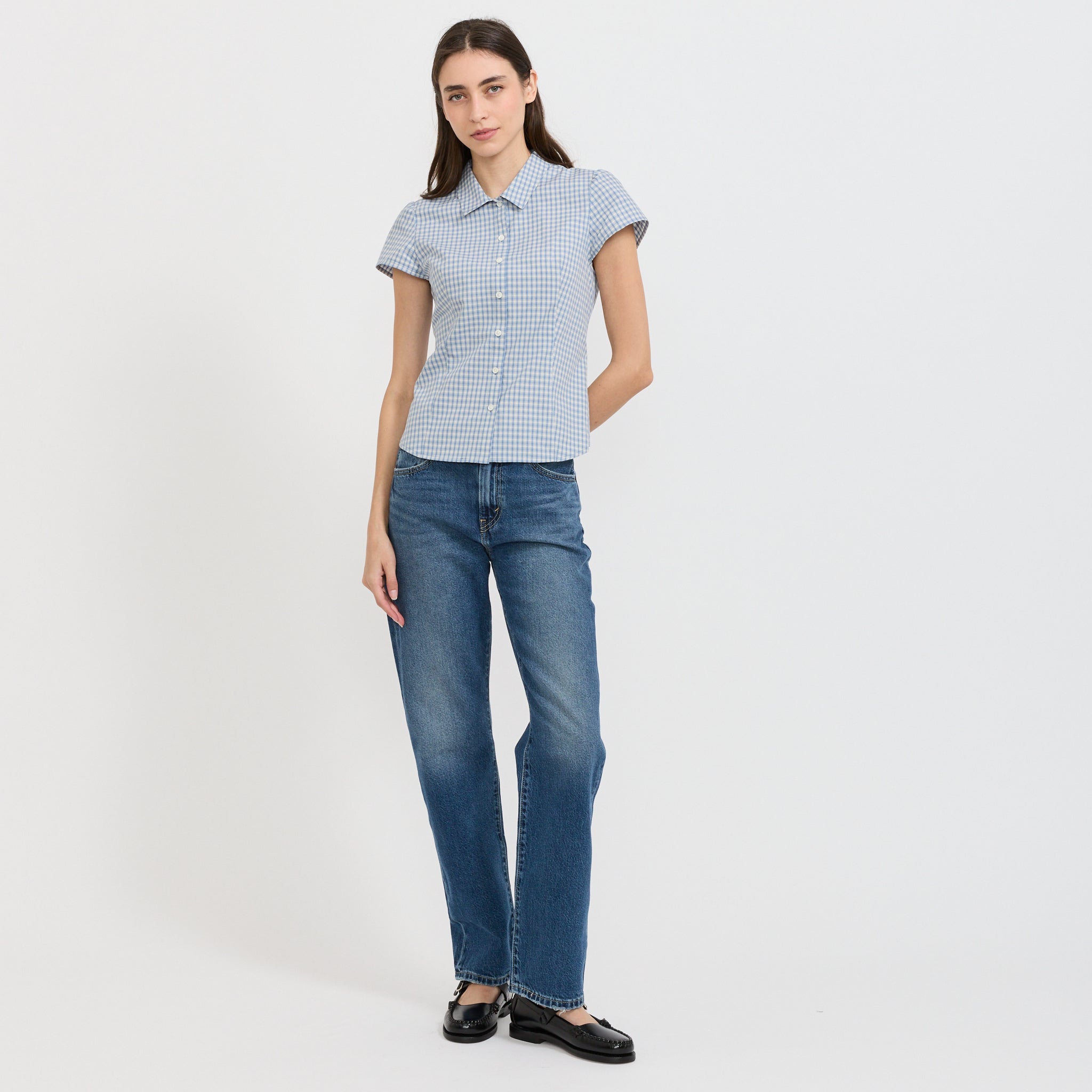 Cap Sleeve Slim Shirt Soft Blue Check