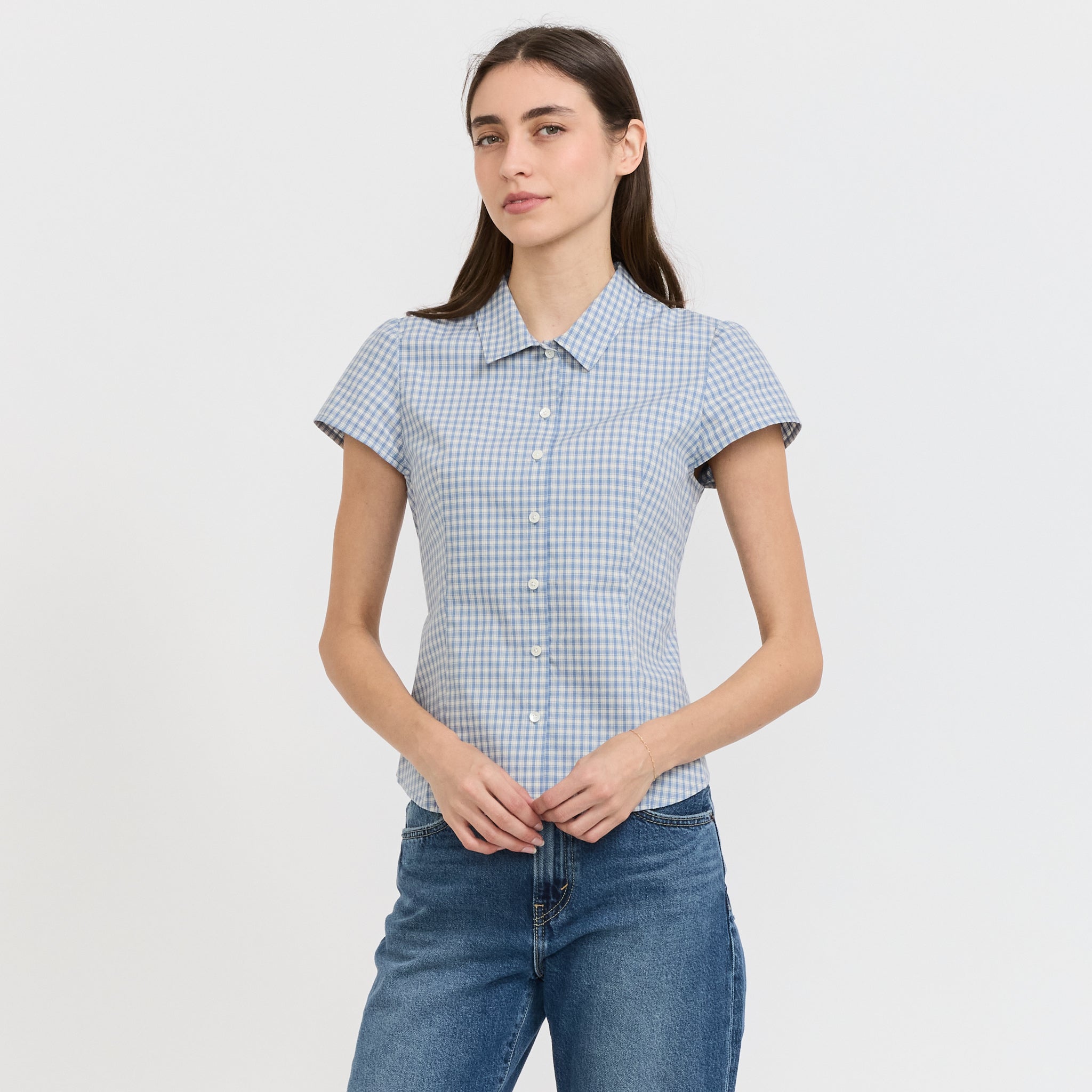 Cap Sleeve Slim Shirt Soft Blue Check