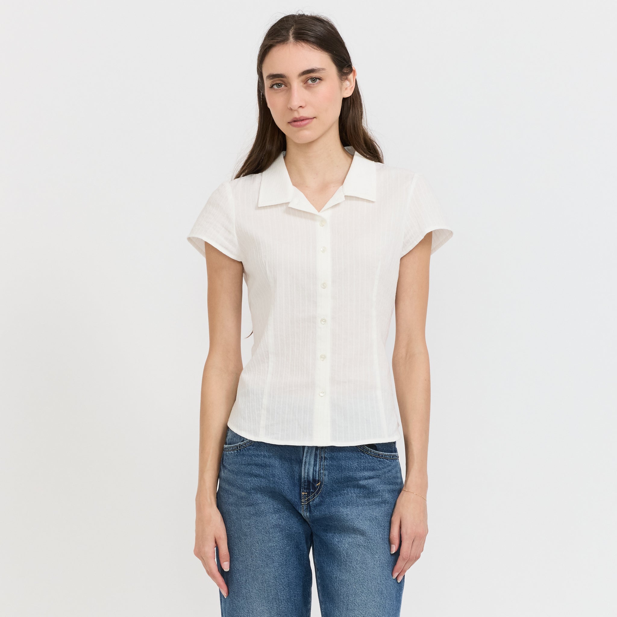 Cap Sleeve Slim Shirt White Stripe