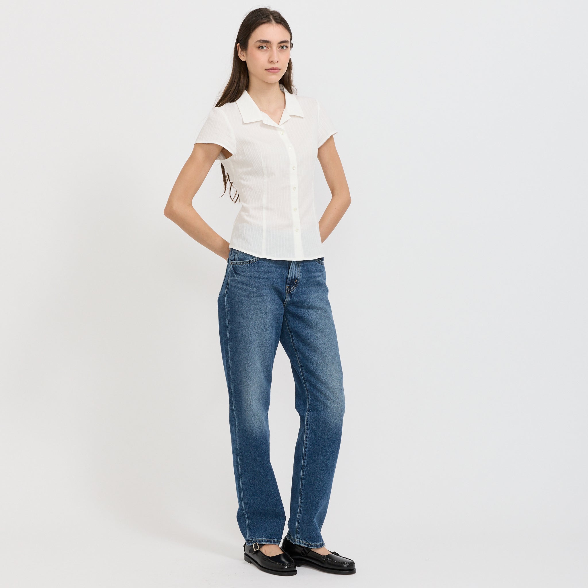 Cap Sleeve Slim Shirt White Stripe