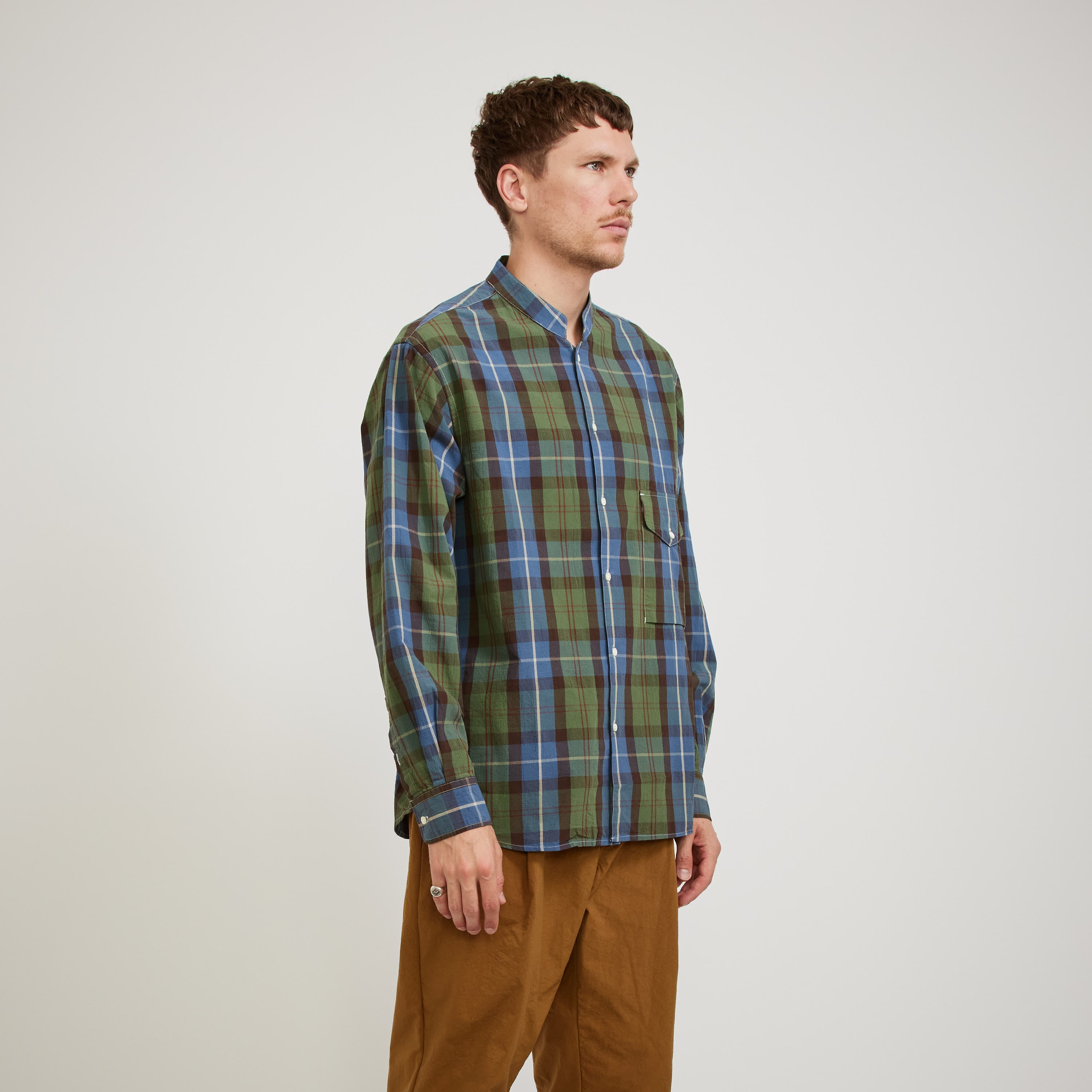 Eastlogue | Banded Collar Shirts Blue/Green Madras | Maplestore