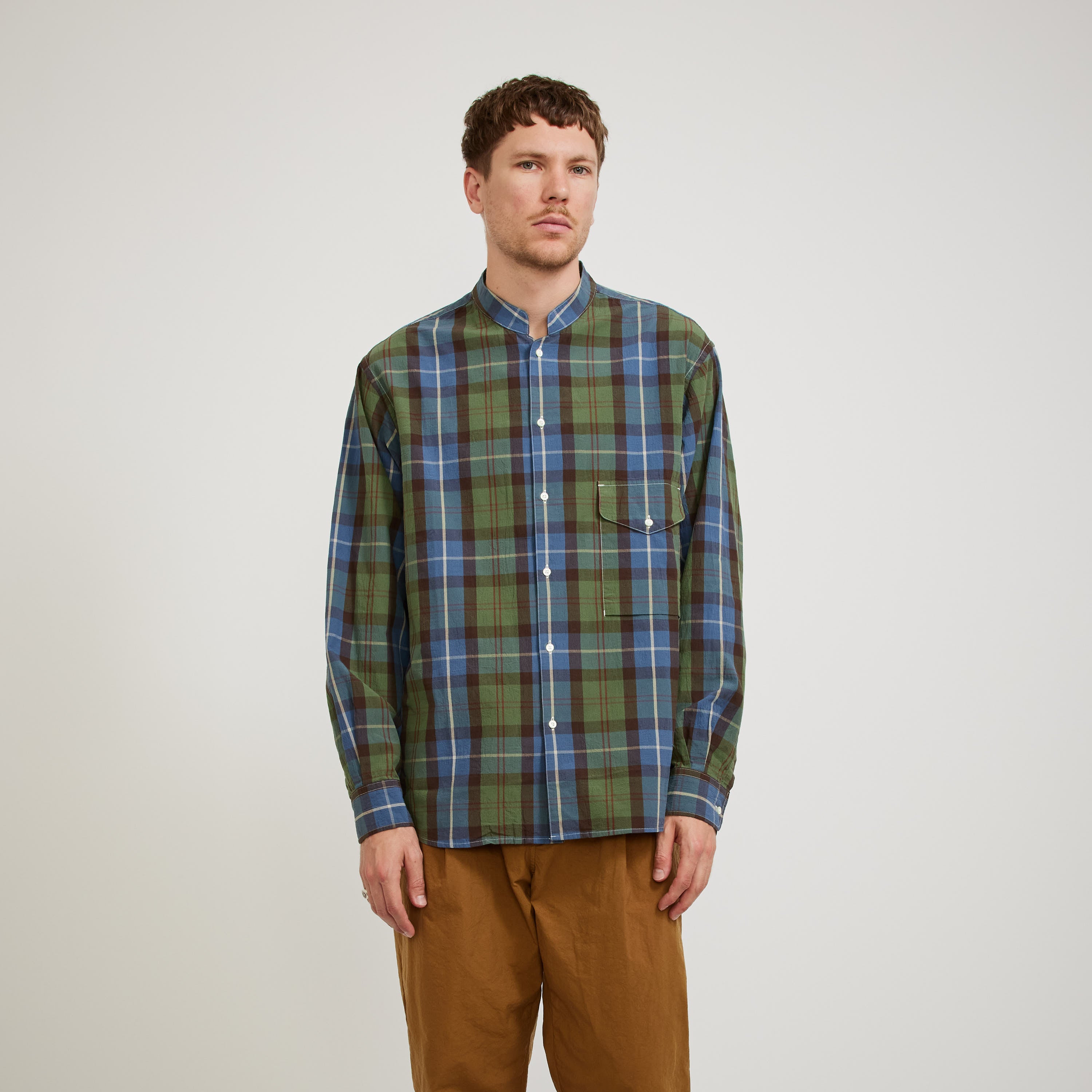 Eastlogue | Banded Collar Shirts Blue/Green Madras | Maplestore