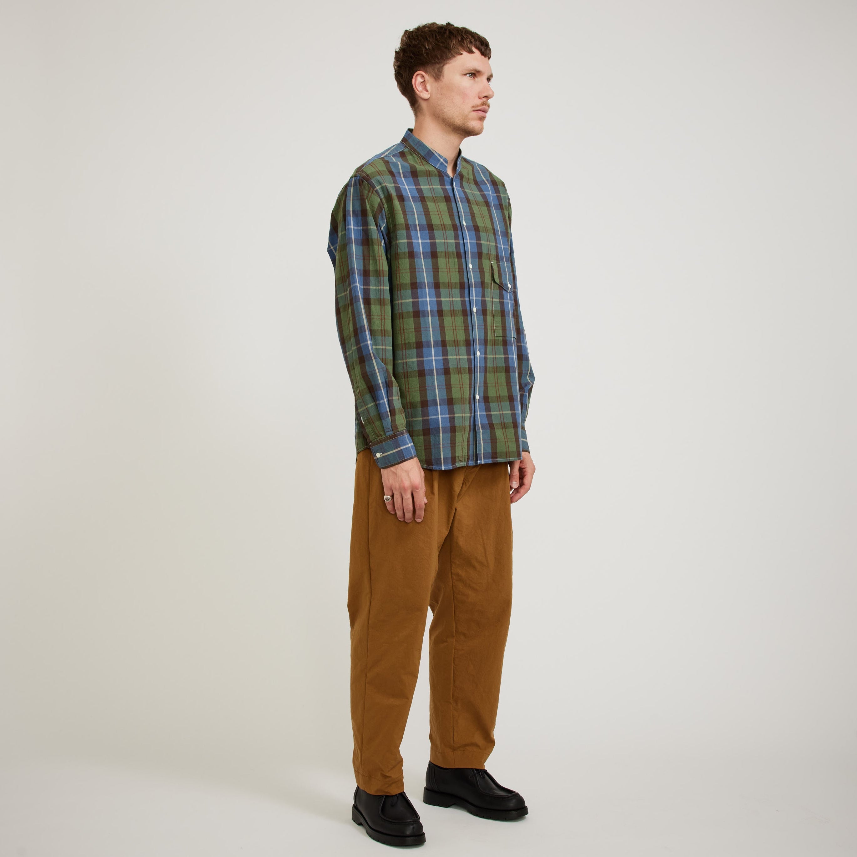 Eastlogue | Banded Collar Shirts Blue/Green Madras | Maplestore