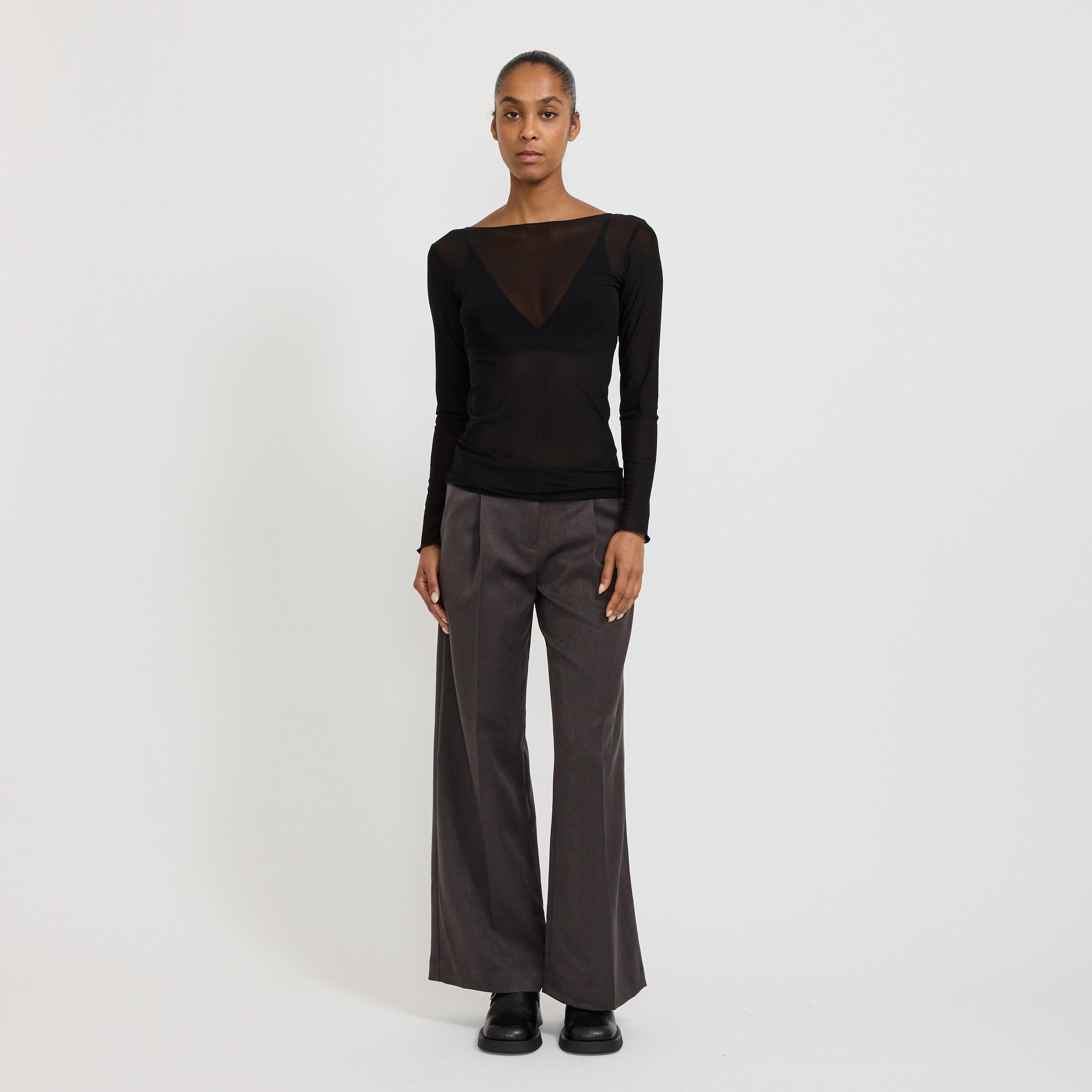 Find Me Now | Korean Power Mesh Boat Neck Long Sleeve Black | Maplestore