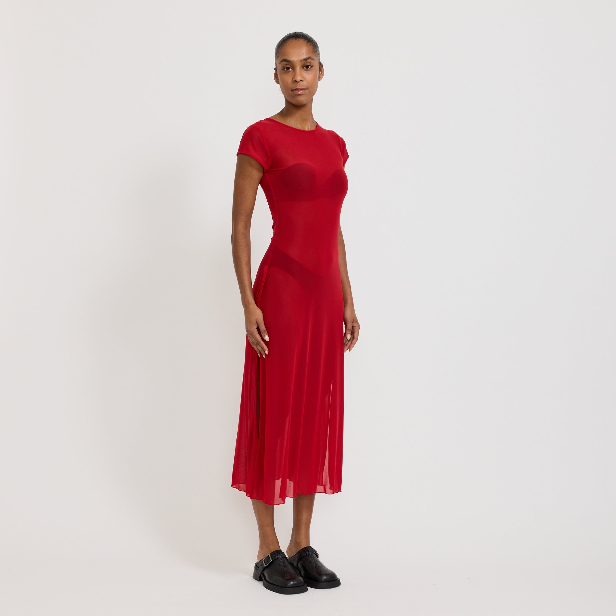 Find Me Now | Korean Power Mesh Bow Midi Dress Red | Maplestore