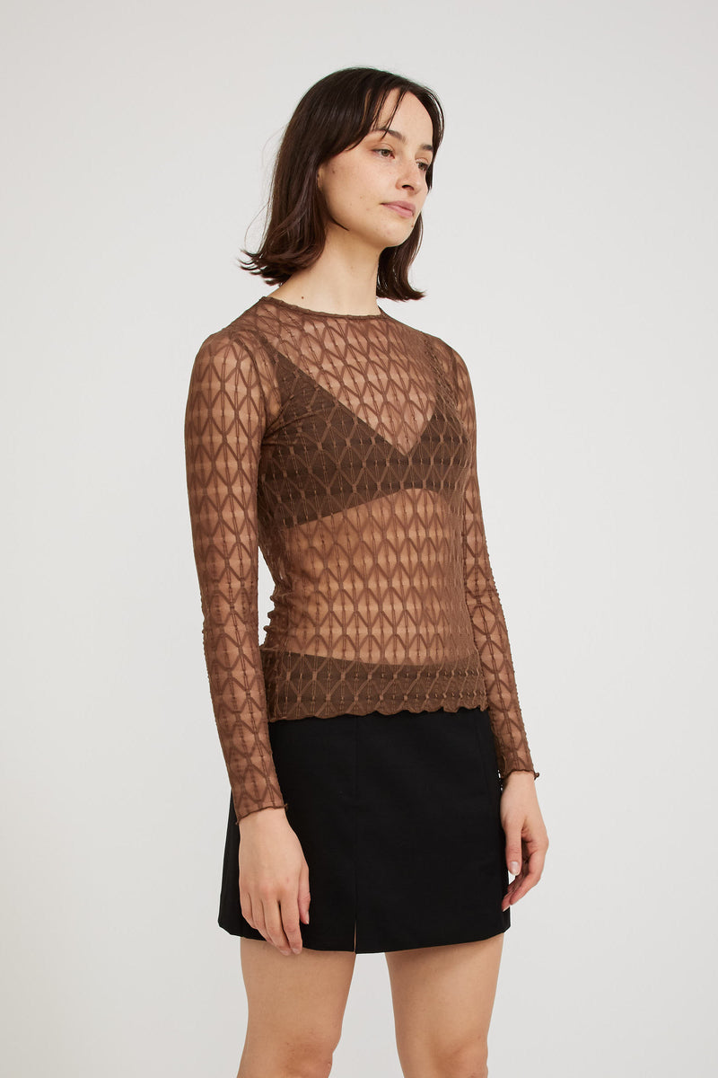 Find Me Now Geo Lace Crew Long Sleeve Walnut