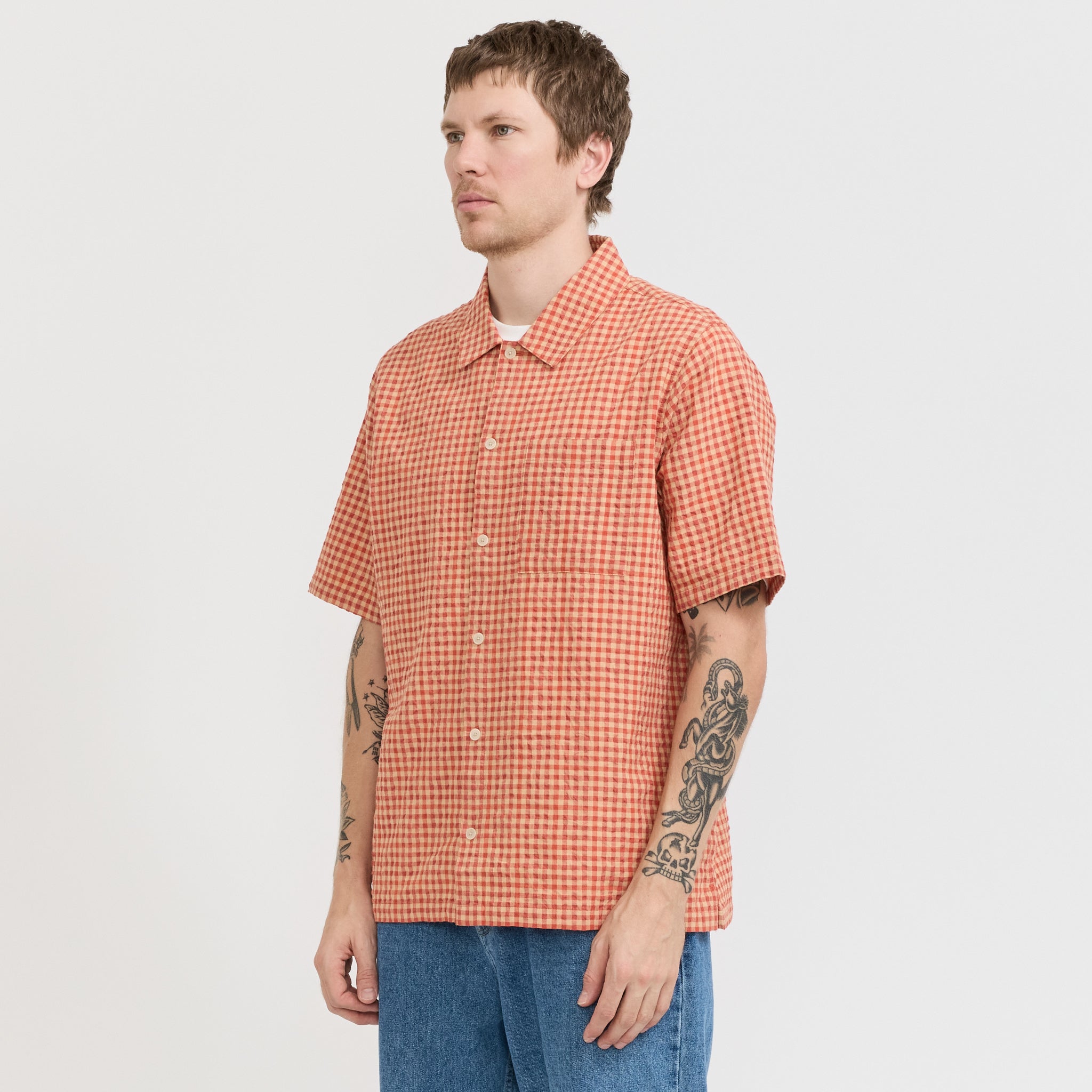 Folk | Gabe Shirt Red Oxide Textured Check | Maplestore