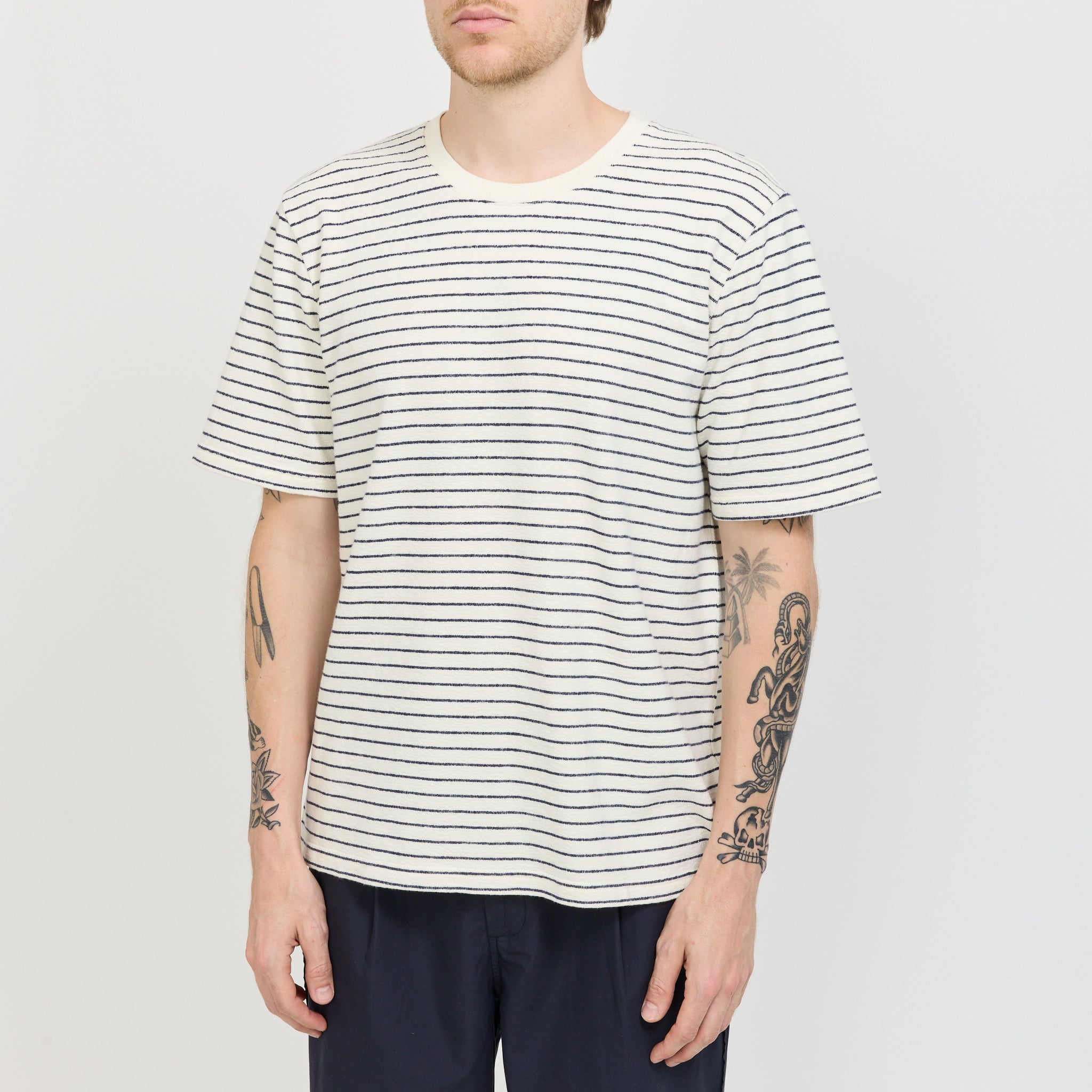 SS Textured Stripe T-Shirt Ecru Navy