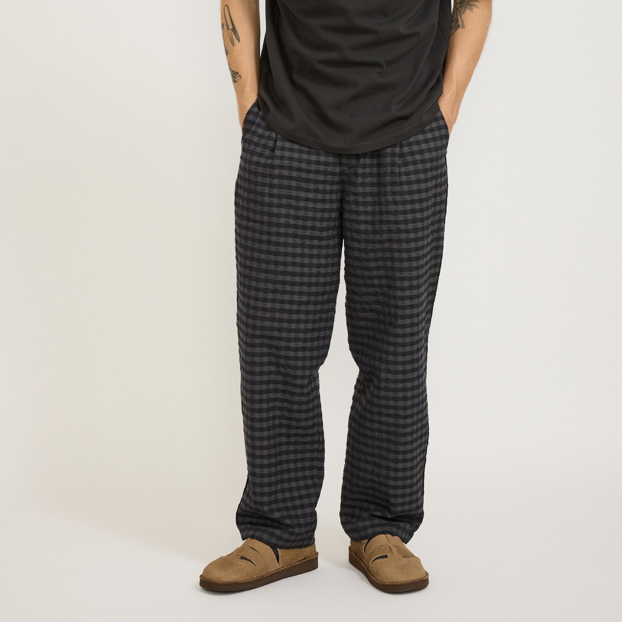 Folk | Wide Fit Trousers Navy Crinkle Check | Maplestore