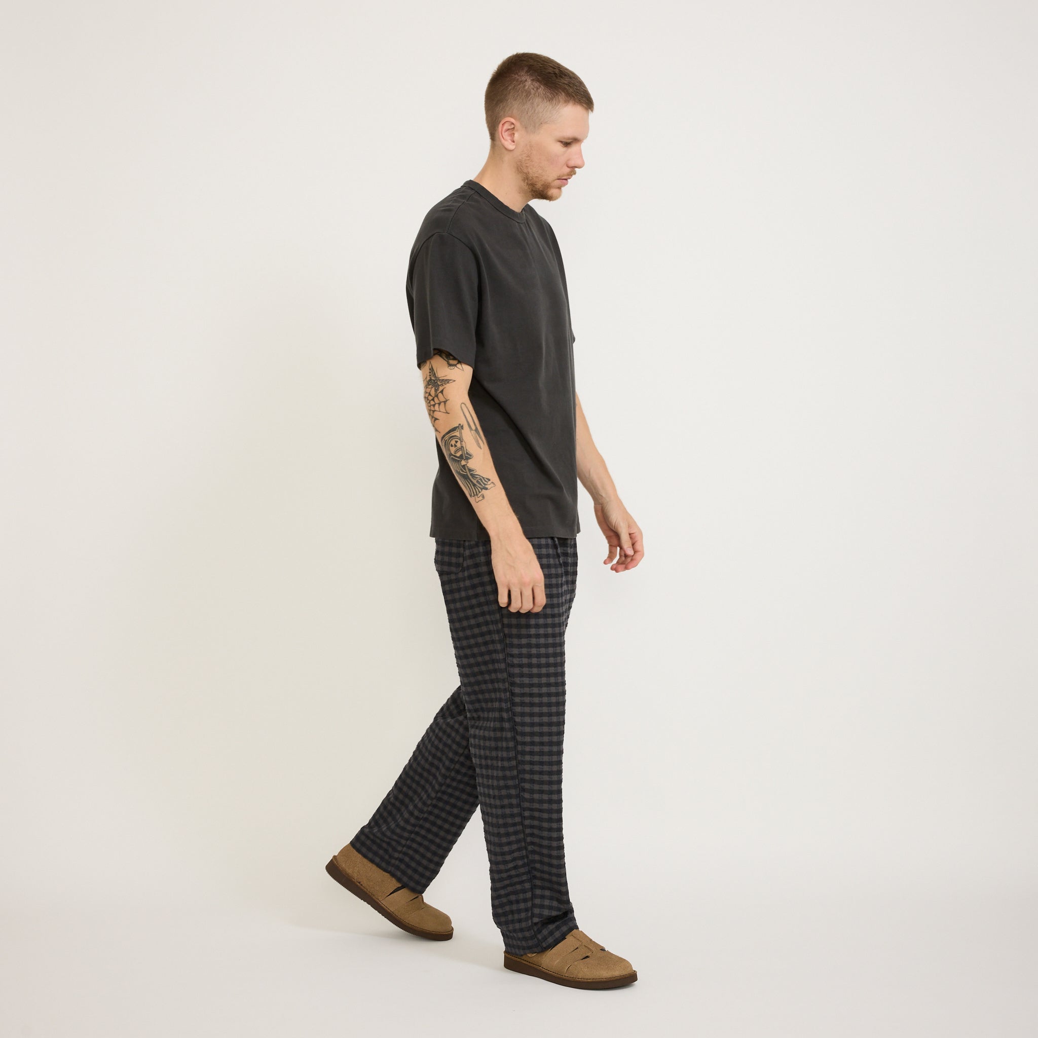 Folk | Wide Fit Trousers Navy Crinkle Check | Maplestore