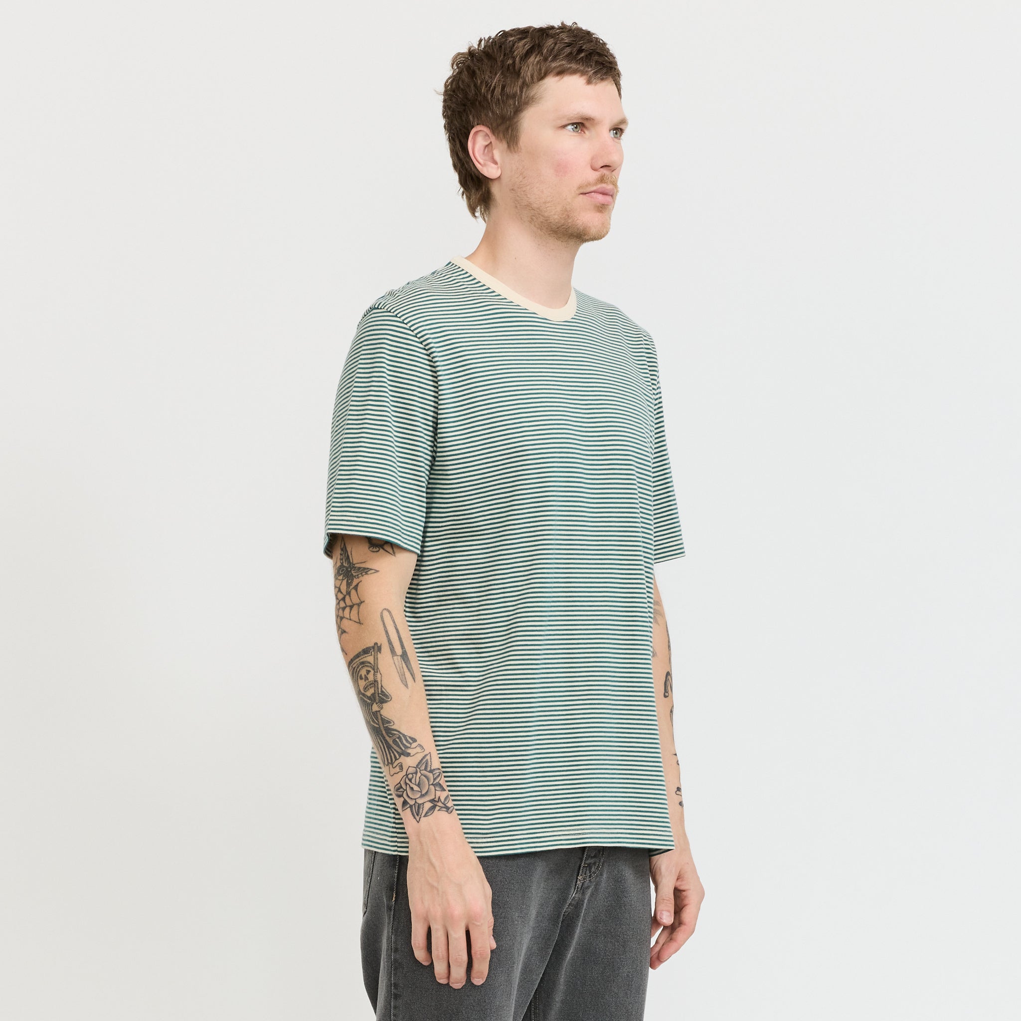 1X1 Stripe T-Shirt Pthalo Green / Ecru
