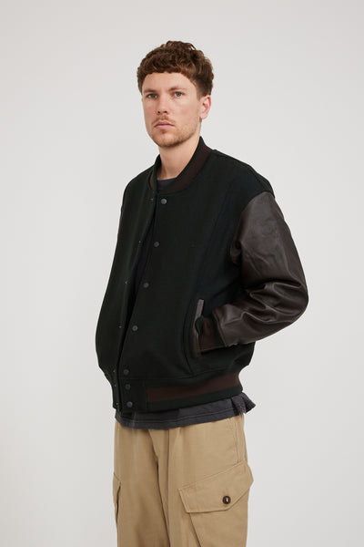 Frizmworks | Cowhide Leather Varsity Jacket Dark Green | Maplestore