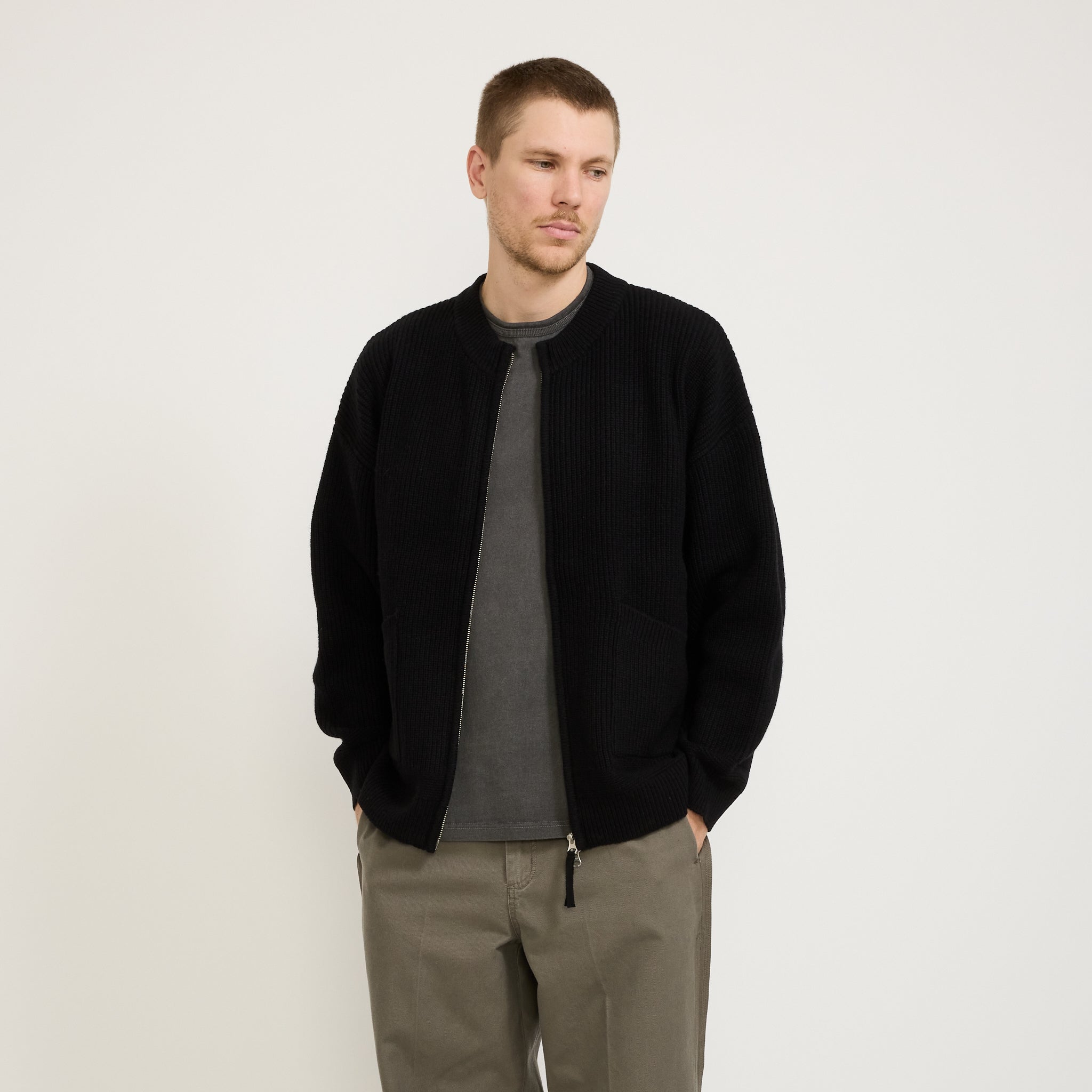 Wool Deck Zip Up Cardigan Black