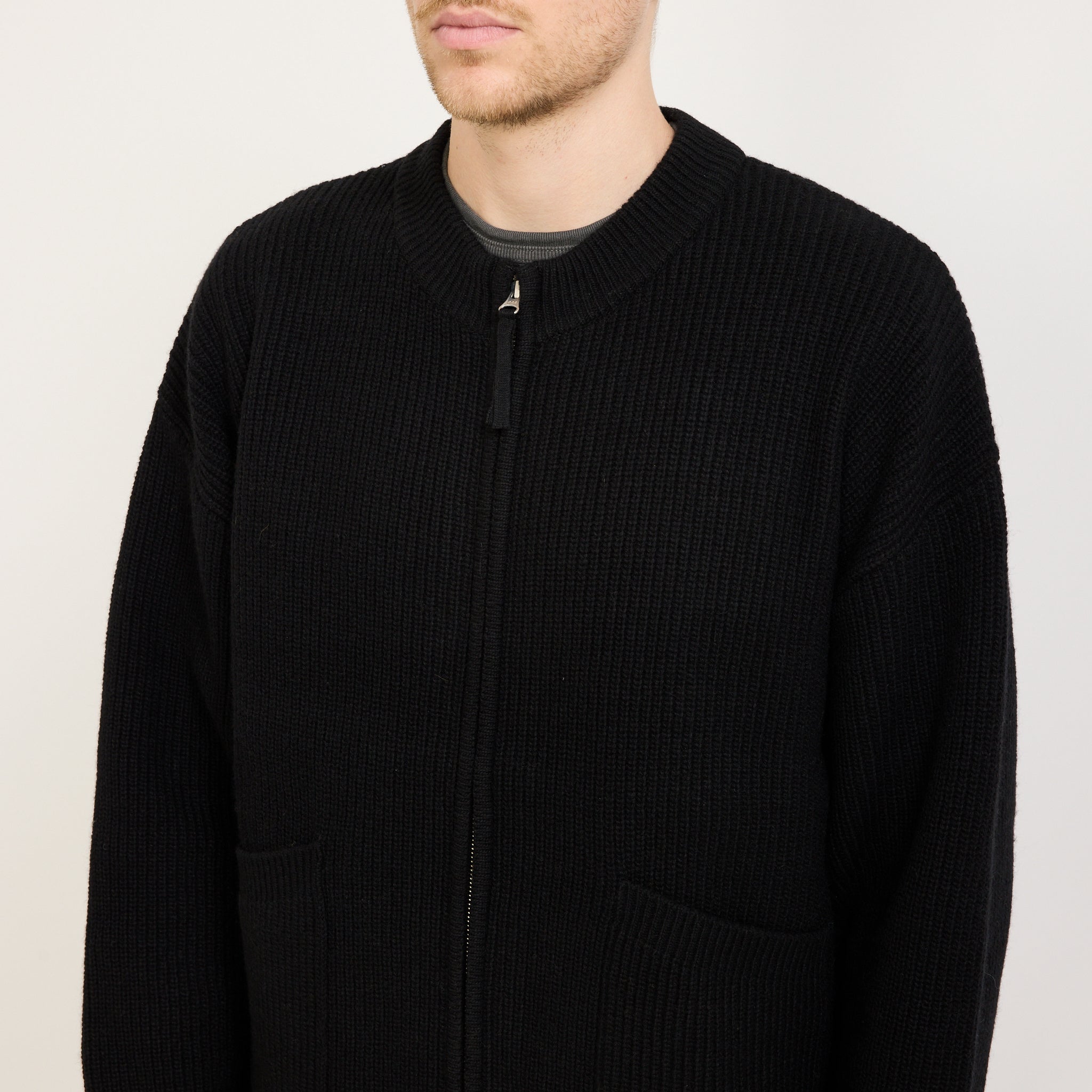 Wool Deck Zip Up Cardigan Black