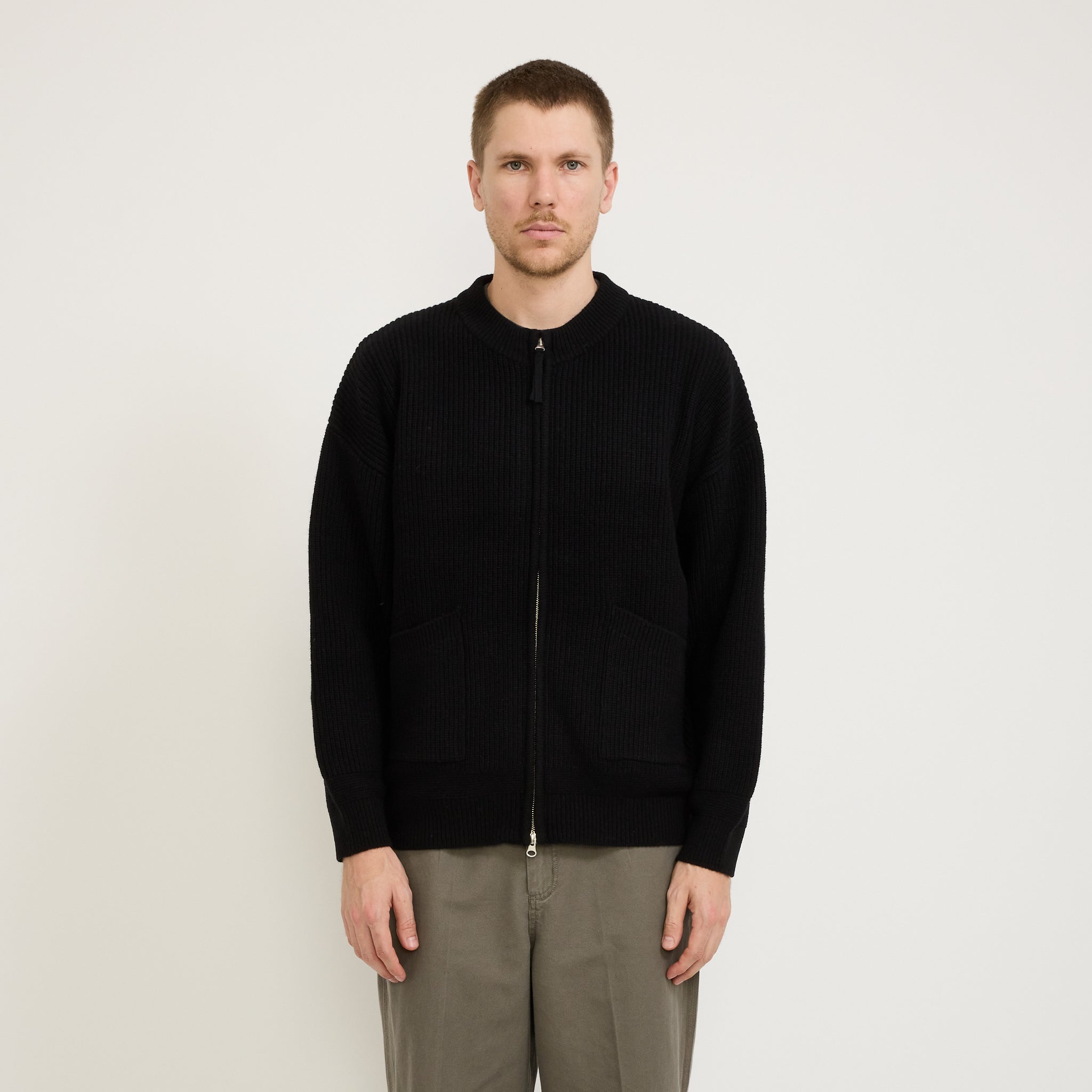 Wool Deck Zip Up Cardigan Black