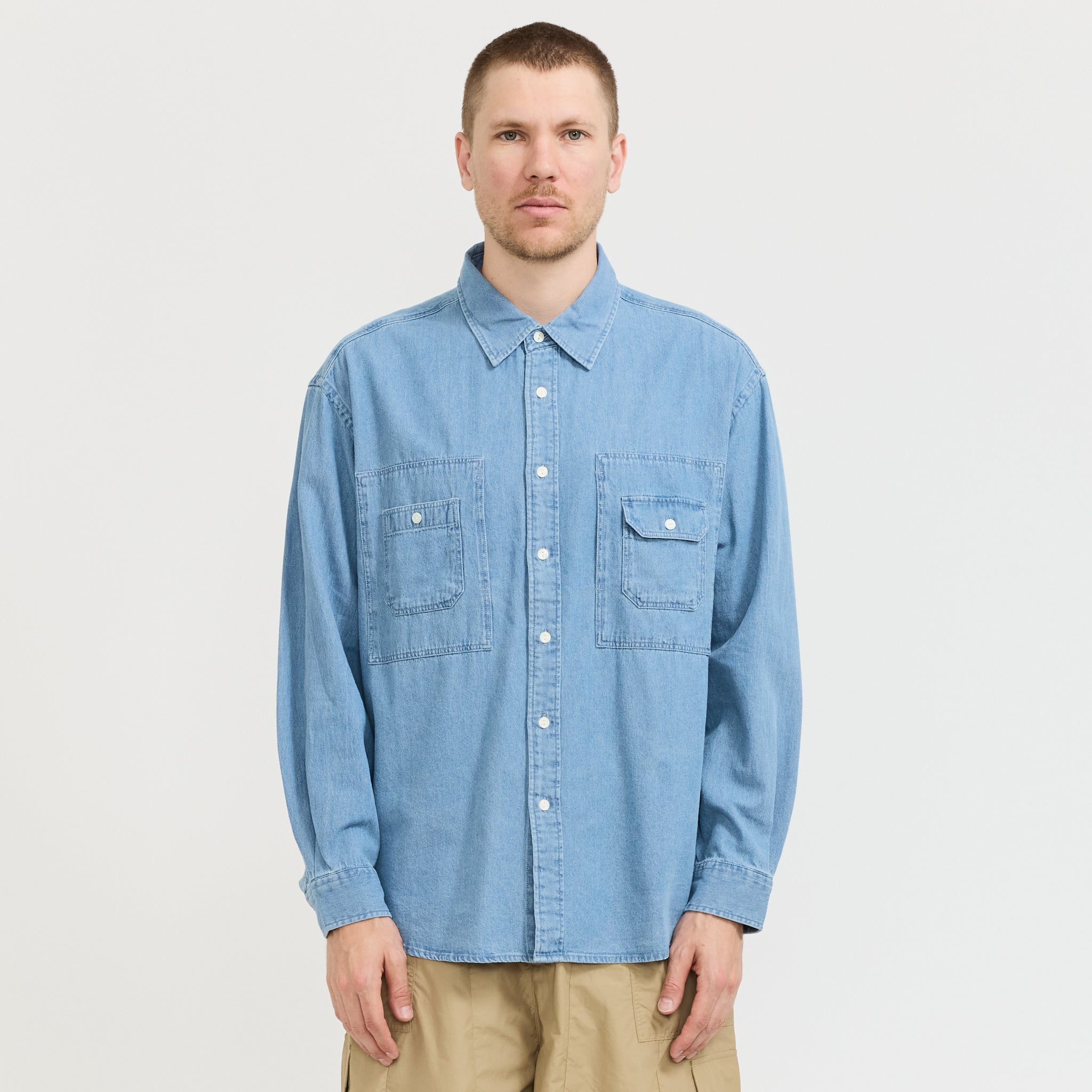 Bleach Denim Utility Shirt Mid Blue