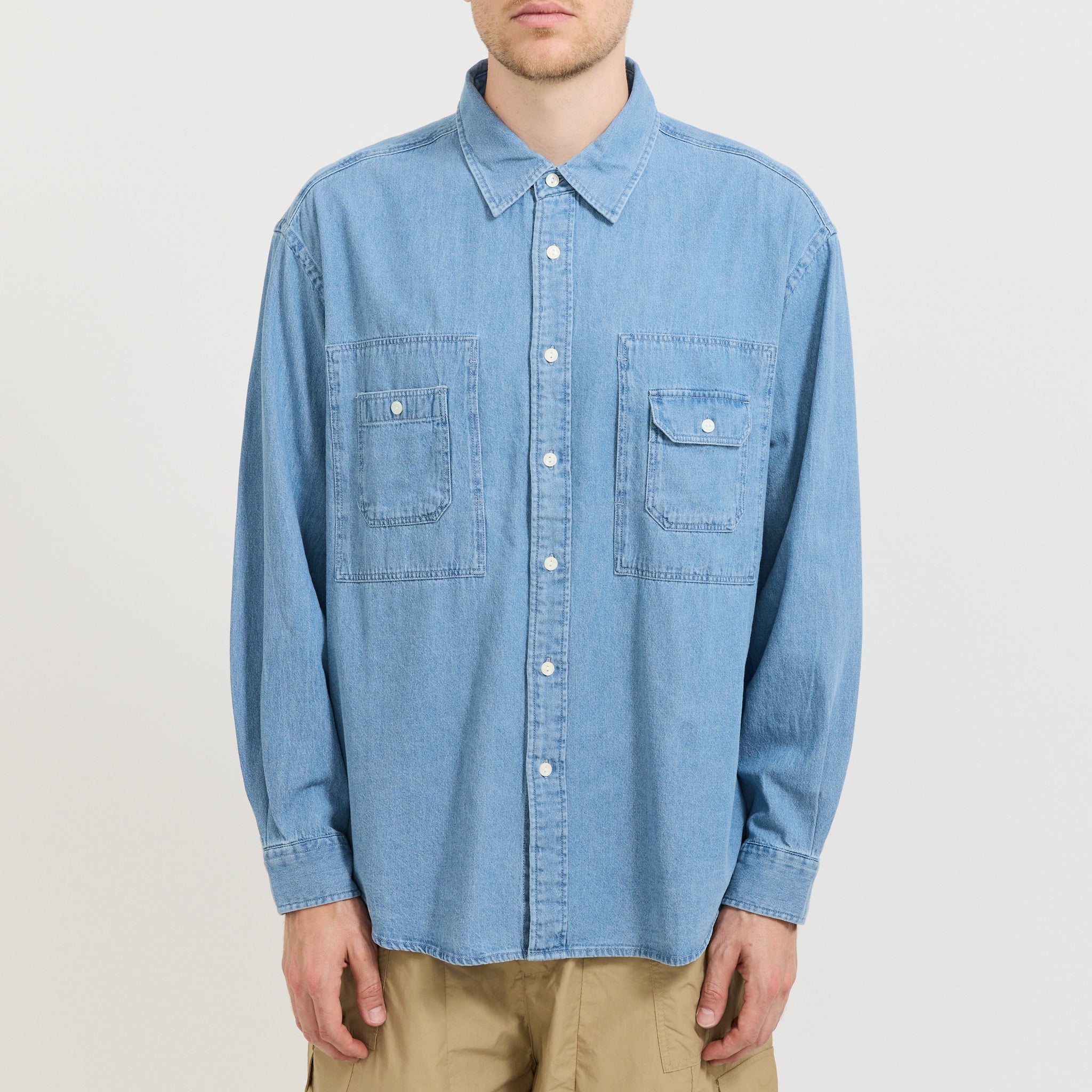 Bleach Denim Utility Shirt Mid Blue