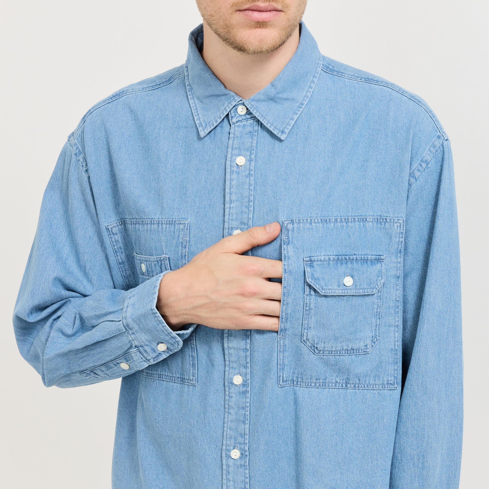 Bleach Denim Utility Shirt Mid Blue