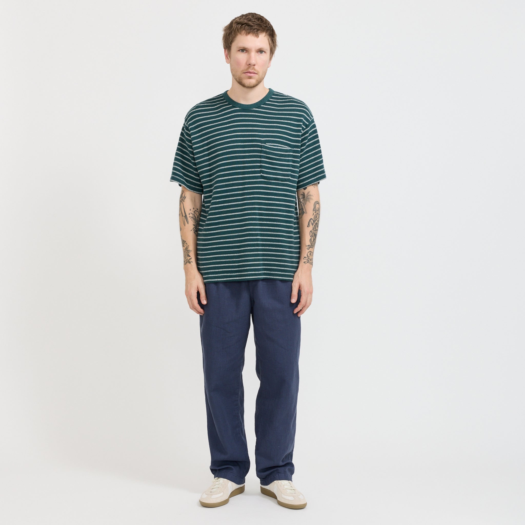 Kestin | Fly T-Shirt Green/Ecru Knitted Stripe | Maplestore