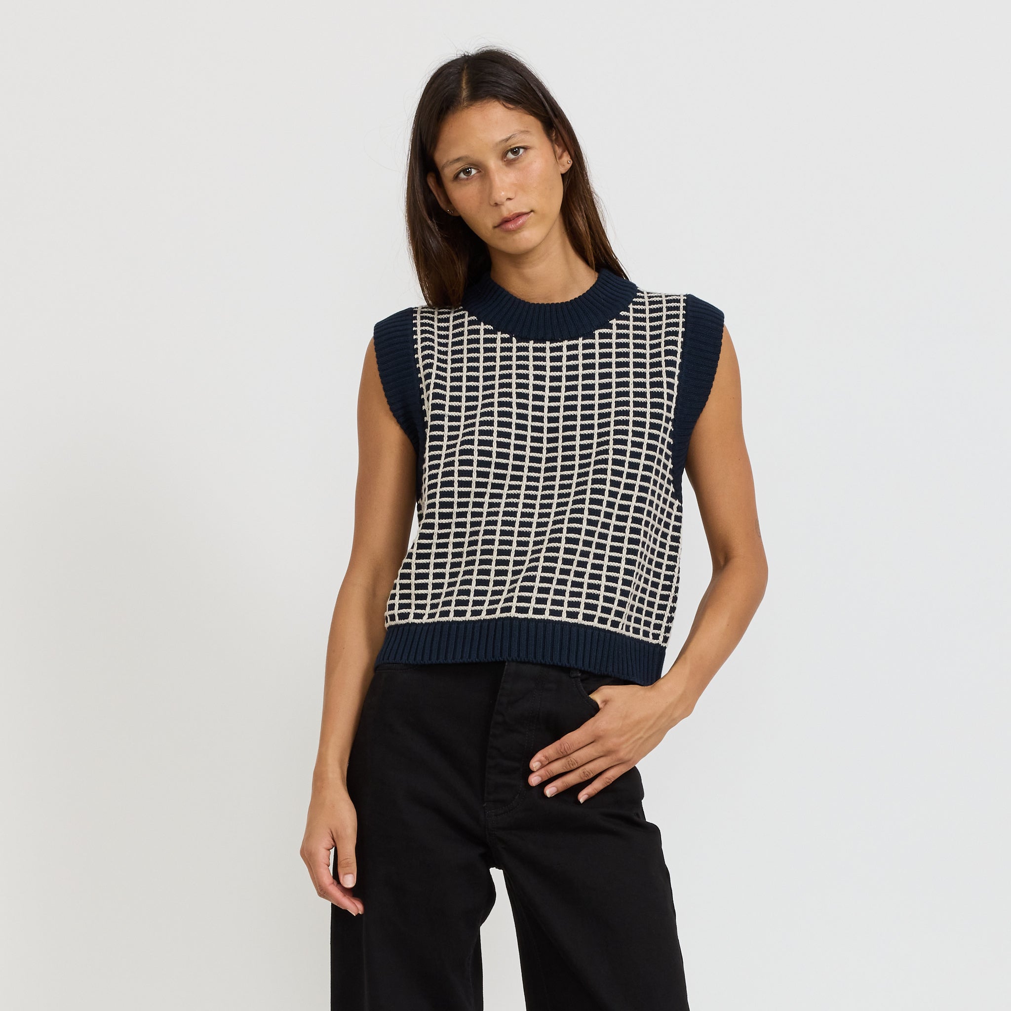 Kowtow | Grid Vest Navy Grid | Maplestore