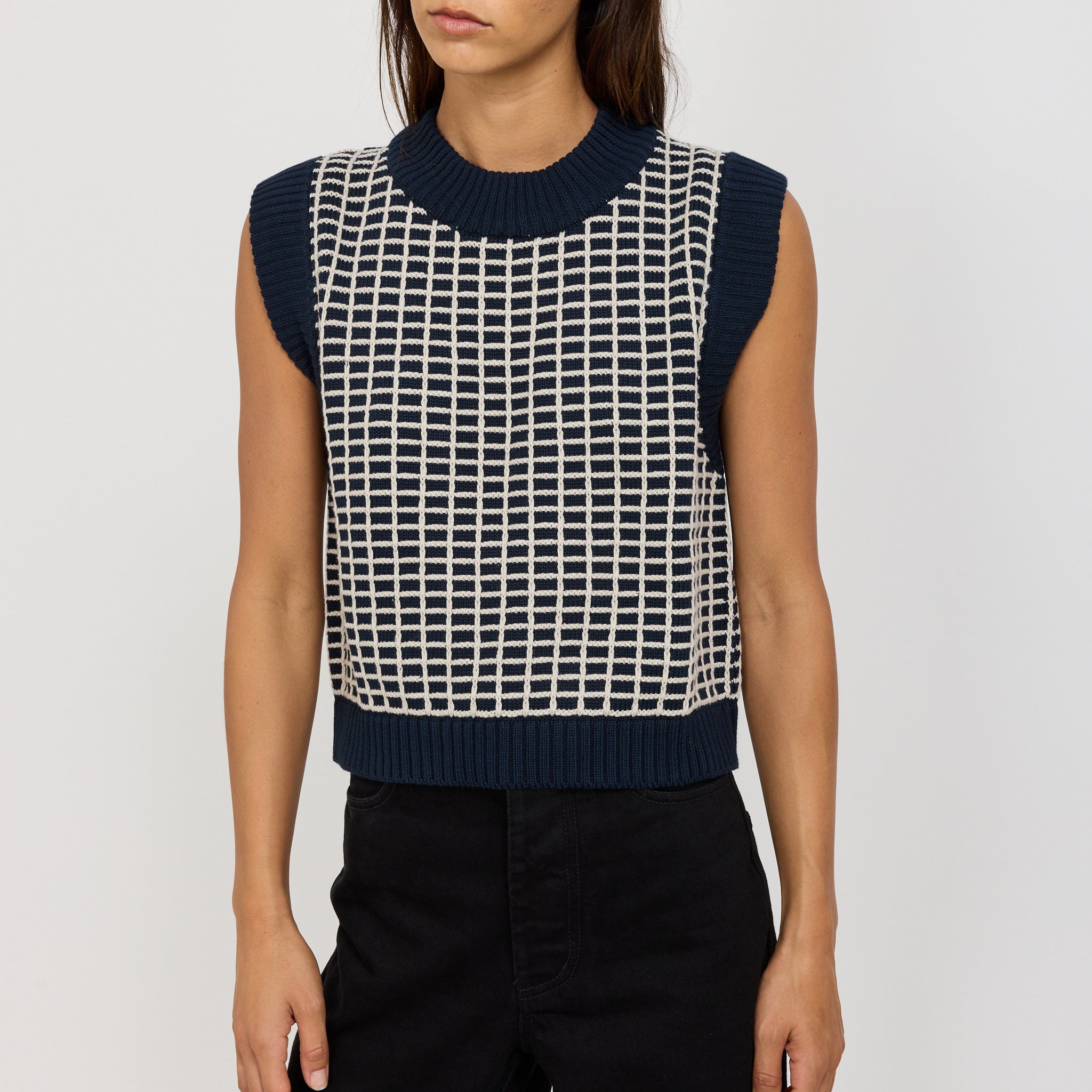 Kowtow | Grid Vest Navy Grid | Maplestore