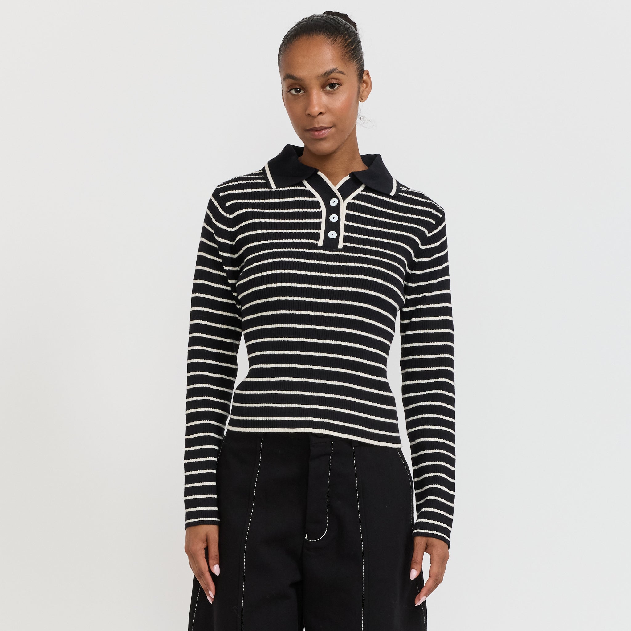 Kowtow | Stripe Polo Black Ecru Stripe | Maplestore