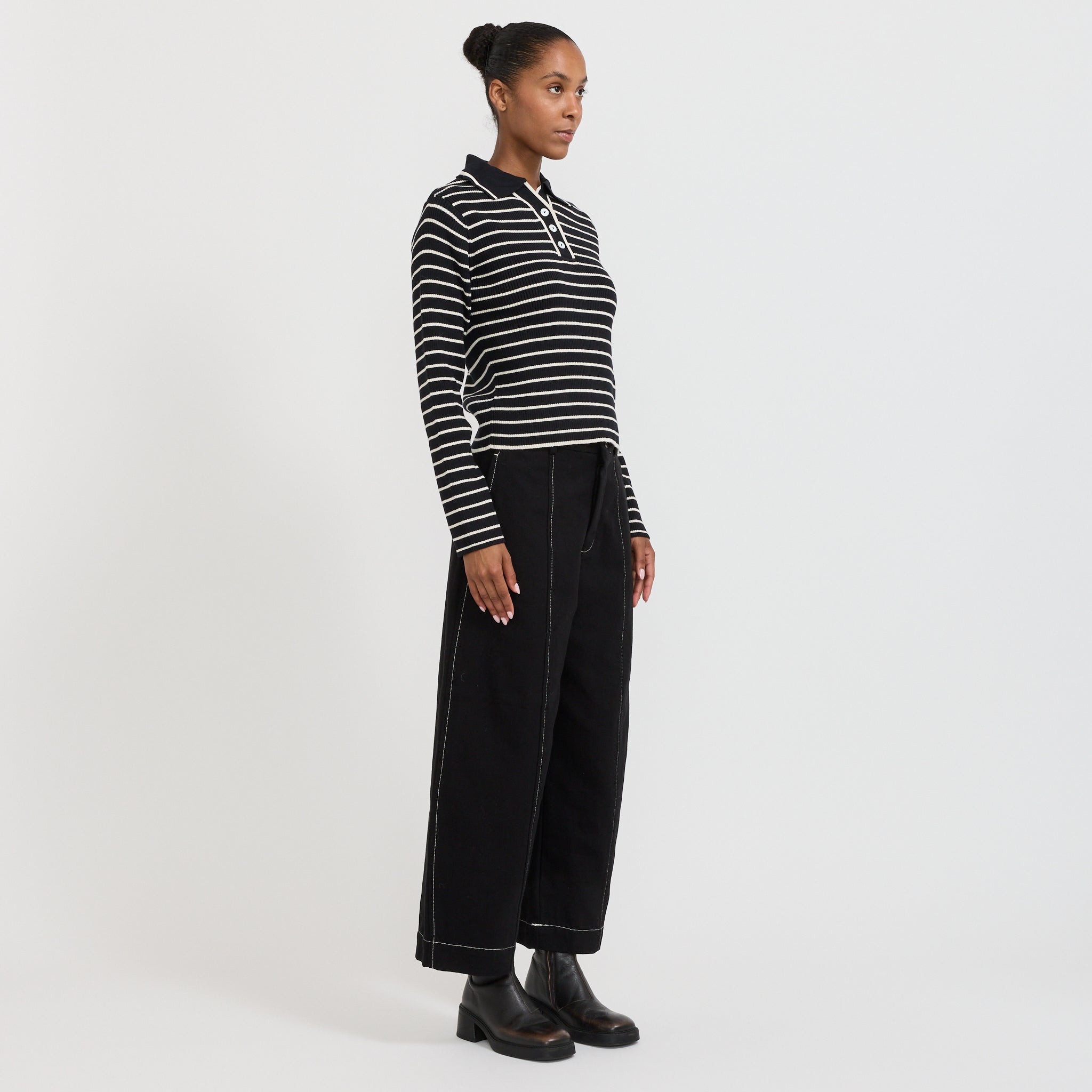 Kowtow | Stripe Polo Black Ecru Stripe | Maplestore